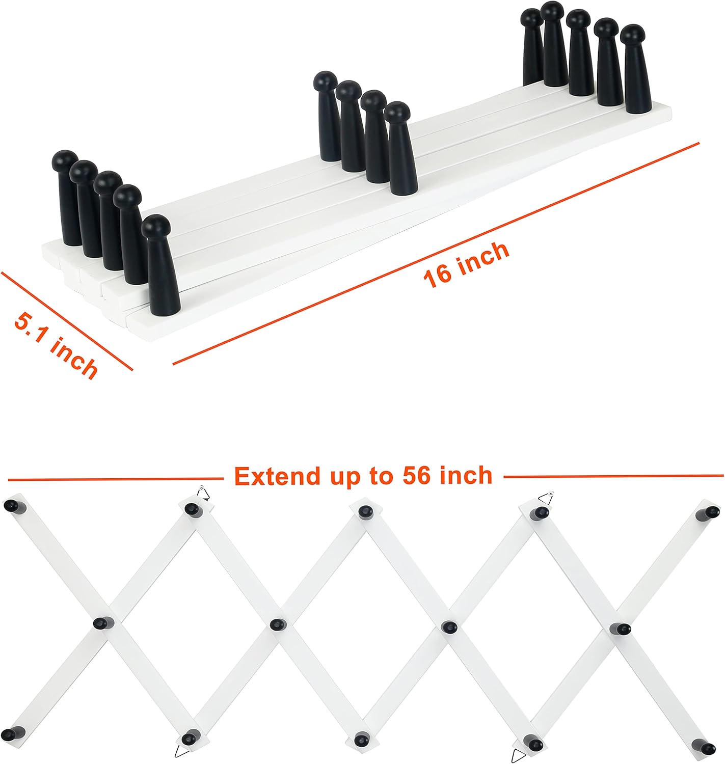 Dseap Accordian Wall Hanger: 16” High Wooden Wall Expandable Coat Rack, Hat Rack Holder, Accordion Hook for Baseball Caps, Coats, Mugs, 14 Peg Hooks, White & Black