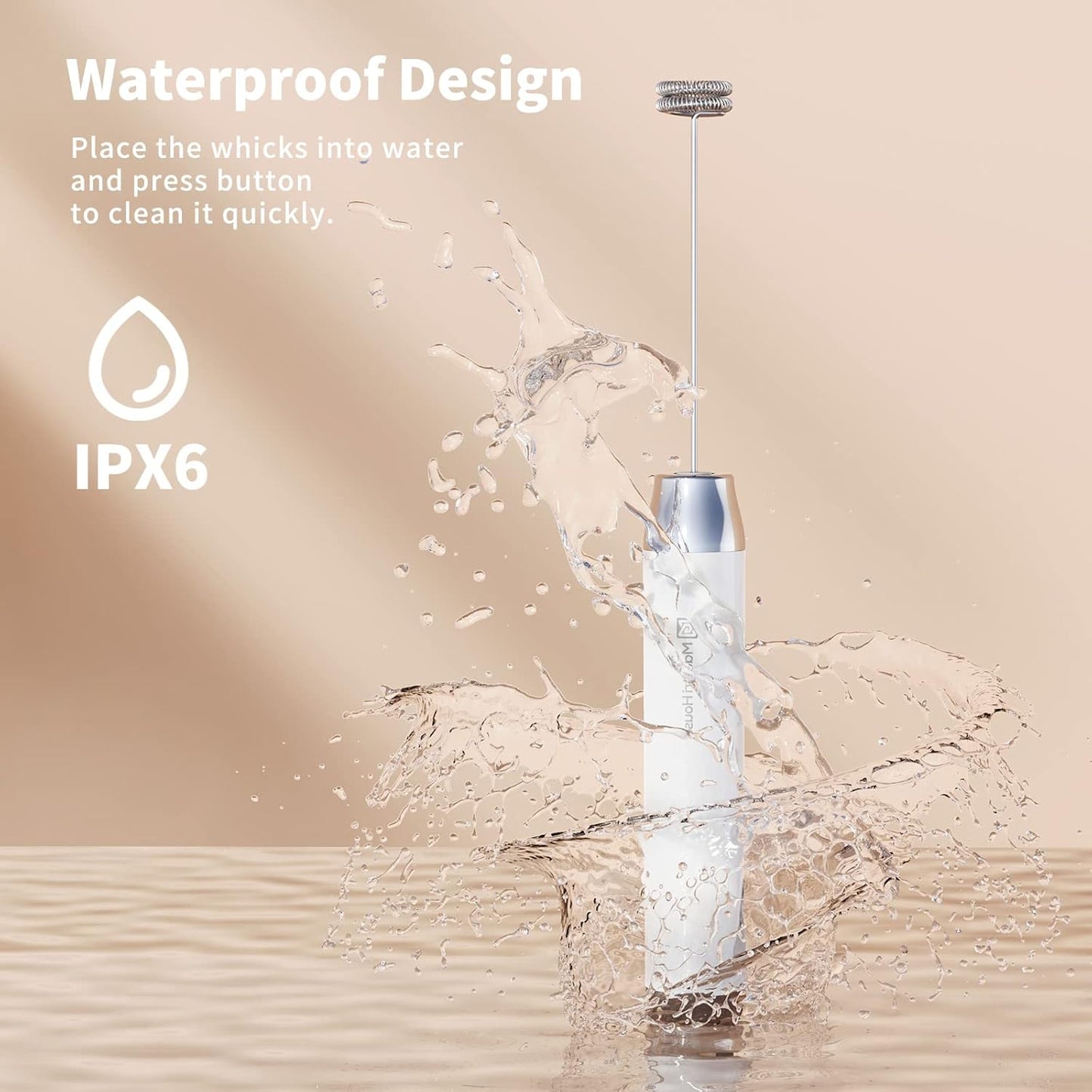 Maestri House Rechargeable Milk Frother, LunaFro NS Handheld Electric Foam Maker Waterproof Detachable Stainless Steel Whisk Drink Mixer Foamer for Lattes, Cappuccino, No Stand