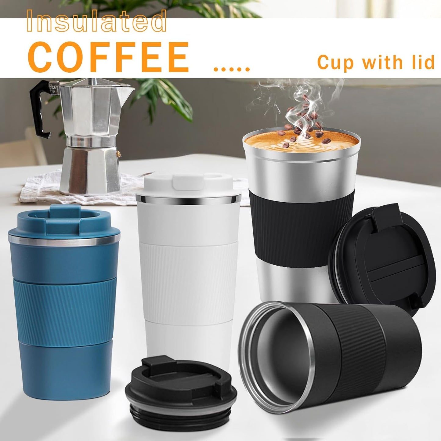 YINBAOGE Insulated Travel Coffee Mug Spill Proof Leak Proof Pobtable To Go Camping Stainless Steel Coffee Tumbler Reusable Coffee Cups with Lids Thermos for Hot and Cold Drink (Silver black, 12 OZ)