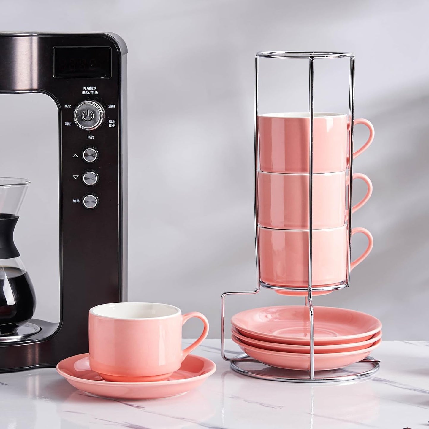 8 Ounce Porcelain Cappuccino Cups with Saucers and Silver Stand, Pink Cups Set of 4