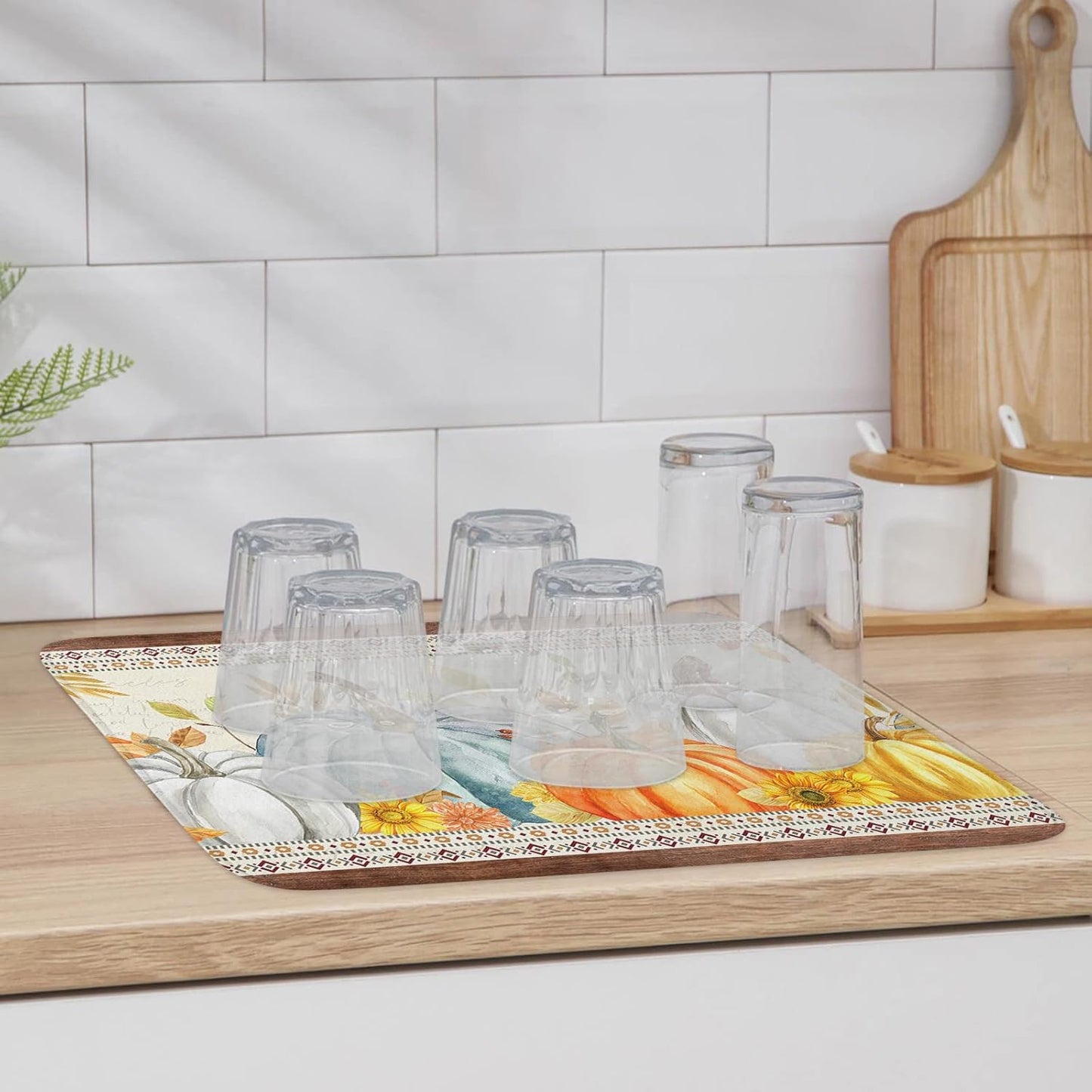 Fall Dish Drying Mat for Kitchen Counter Pumpkin Drying Pad Absorbent Drying Mats for Countertops Sinks Draining Racks Sunflower Eucalyptus Leaves Drainer Holiday Harvest Thanksgiving Decor 18x24