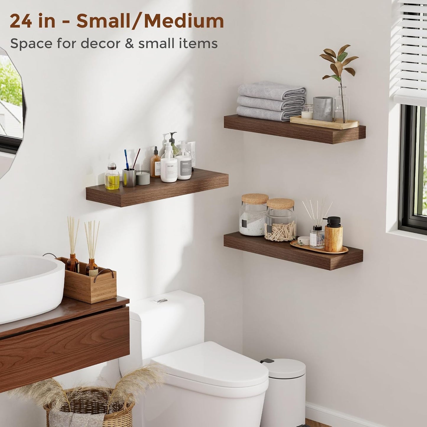 Heimlove 36 Inch Floating Shelves for Wall 8 Inch Deep Walnut Shelves Set of 2,Wall Mounted Rustic Wood Long Floating Shelf with Invisible Brackets for Bedroom Kitchen Living Room