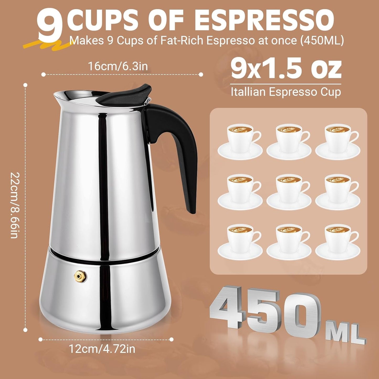 Moka Pot, 9 Cups (15.9 oz) Stovetop Espresso Maker, 304 Stainless Steel Moka Pot, Induction Compatible, Silver