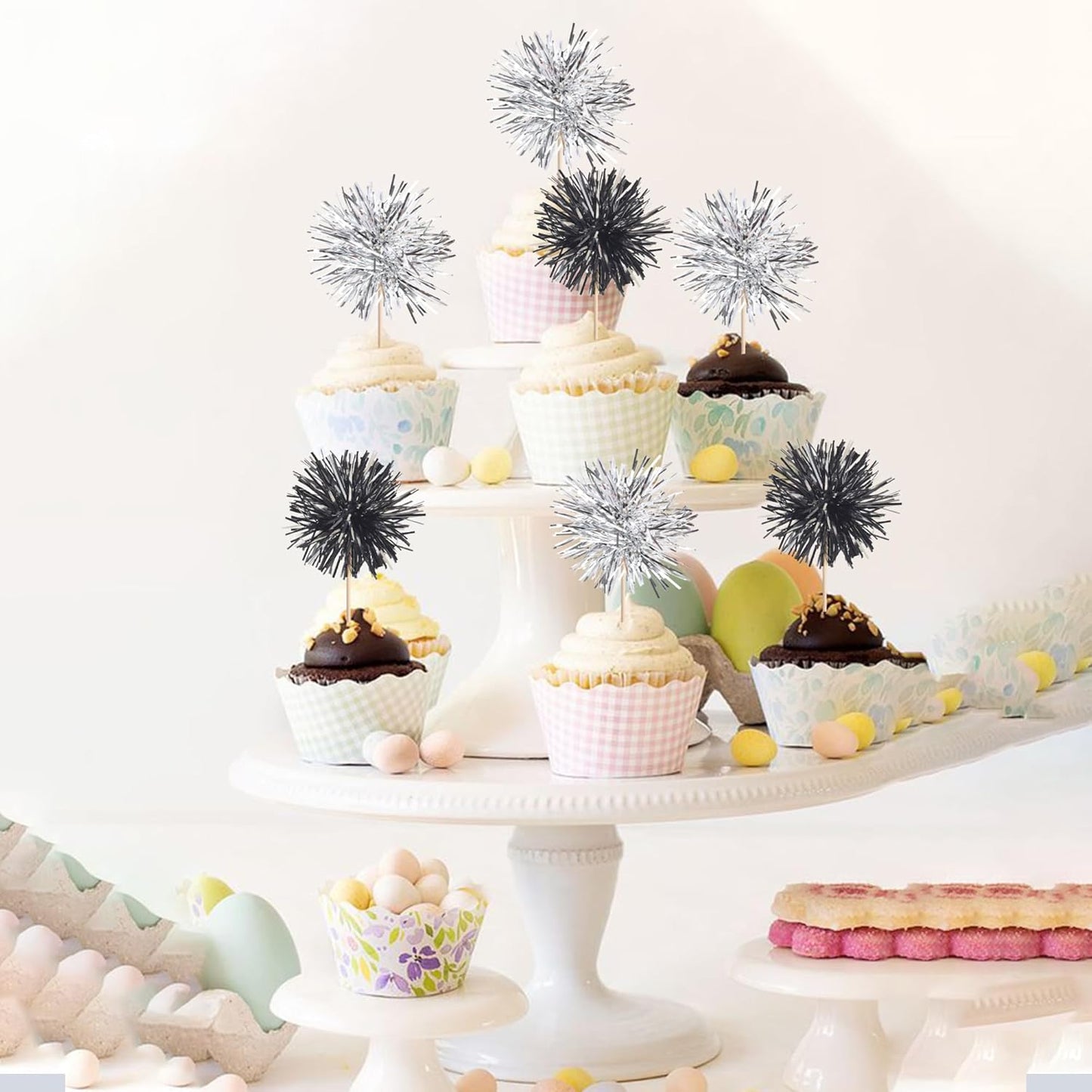 40 PCS Foil Firework Cupcake Toppers Sparkle Tinsel Cupcakae Picks Foil Firework Party Decorations Cocktail Fruit Toothpick for Fireworks Theme Birthday Wedding Graduation Party Decor Black Silver