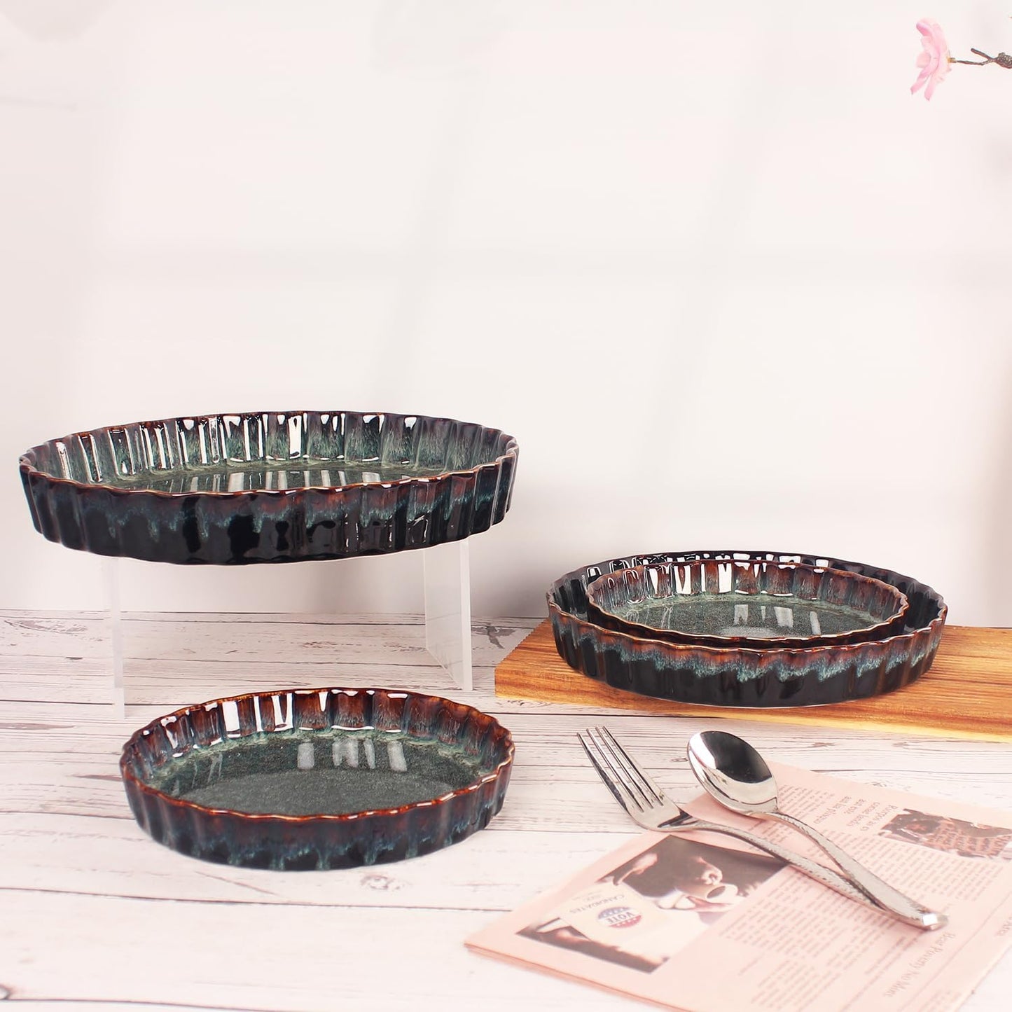 7 Inch Ceramic Pie Pan Quiche Dish 13.5 Ounces Baking Pan, Set of 2 Au Gratin Baking Dishes, Non-Stick Tart Pan, Pie Plate for Apple, Oven Safe, Round Ruffled Edge 7.7 Inch