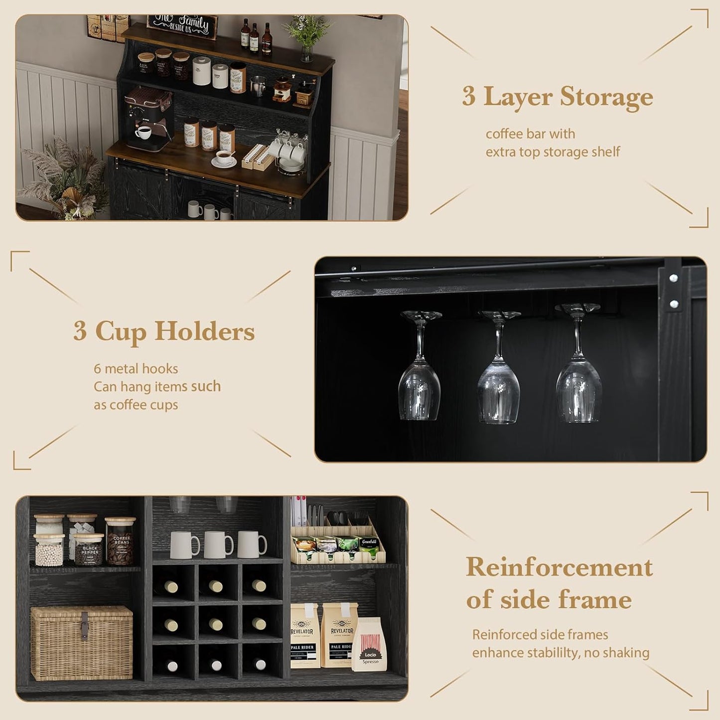 47 Inch Farmhouse Coffee Bar Cabinet with 3-Tier Storage, Kitchen Hutch with 9 Wine Racks & 3 Glass Holders, Coffee Bar with 6 Hooks, Wine Bar Cabinet for Dining Living Room, Black