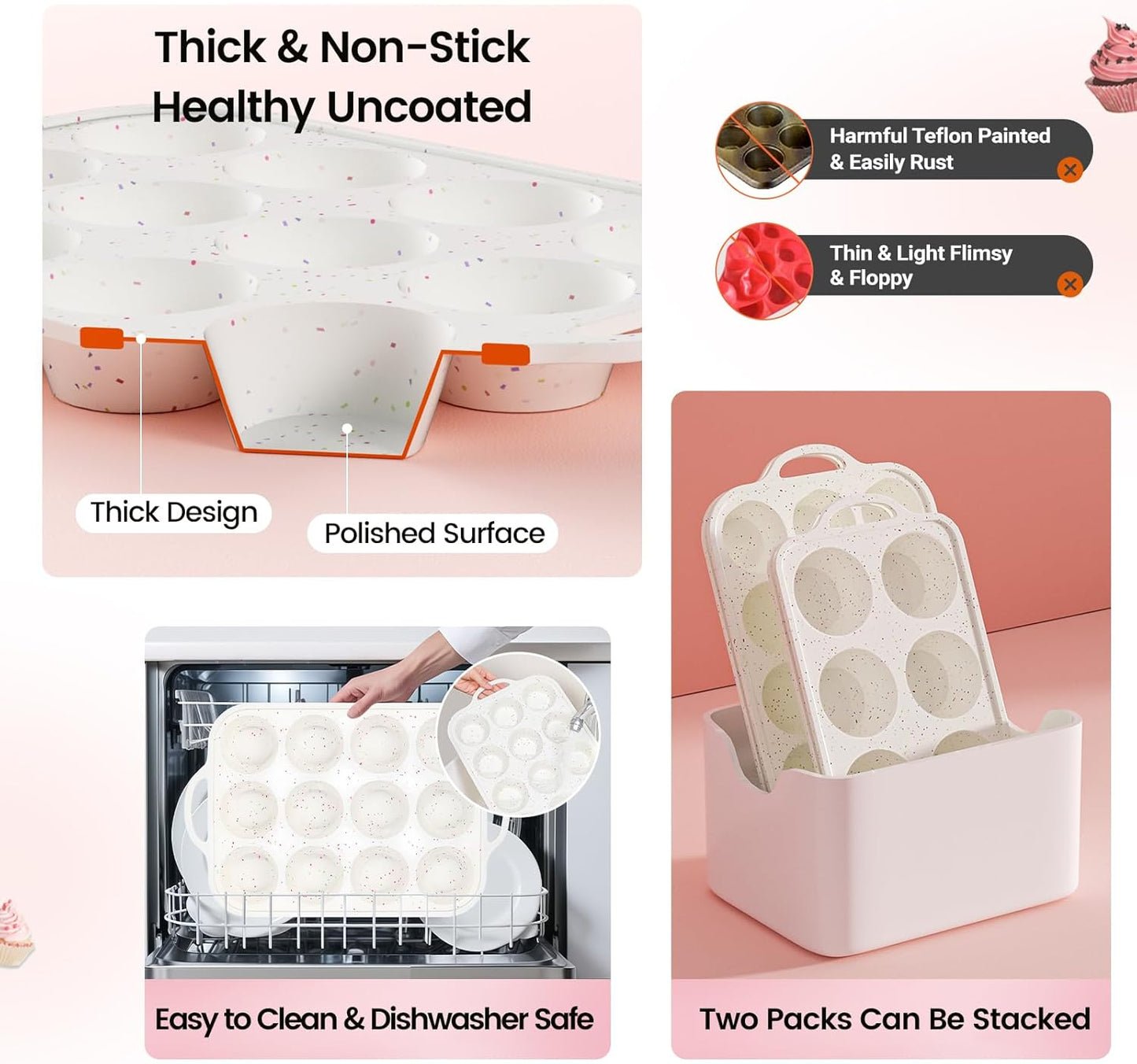 Silicone Muffin Pans for Baking 2 Pack, 2.8 Inch with Metal Reinforced Frame, Regular Size Nonstick Silicone Cupcake Pan 12 Cups for Baking Homemade Muffins, Cupcakes, Dishwasher Safe BPA Free