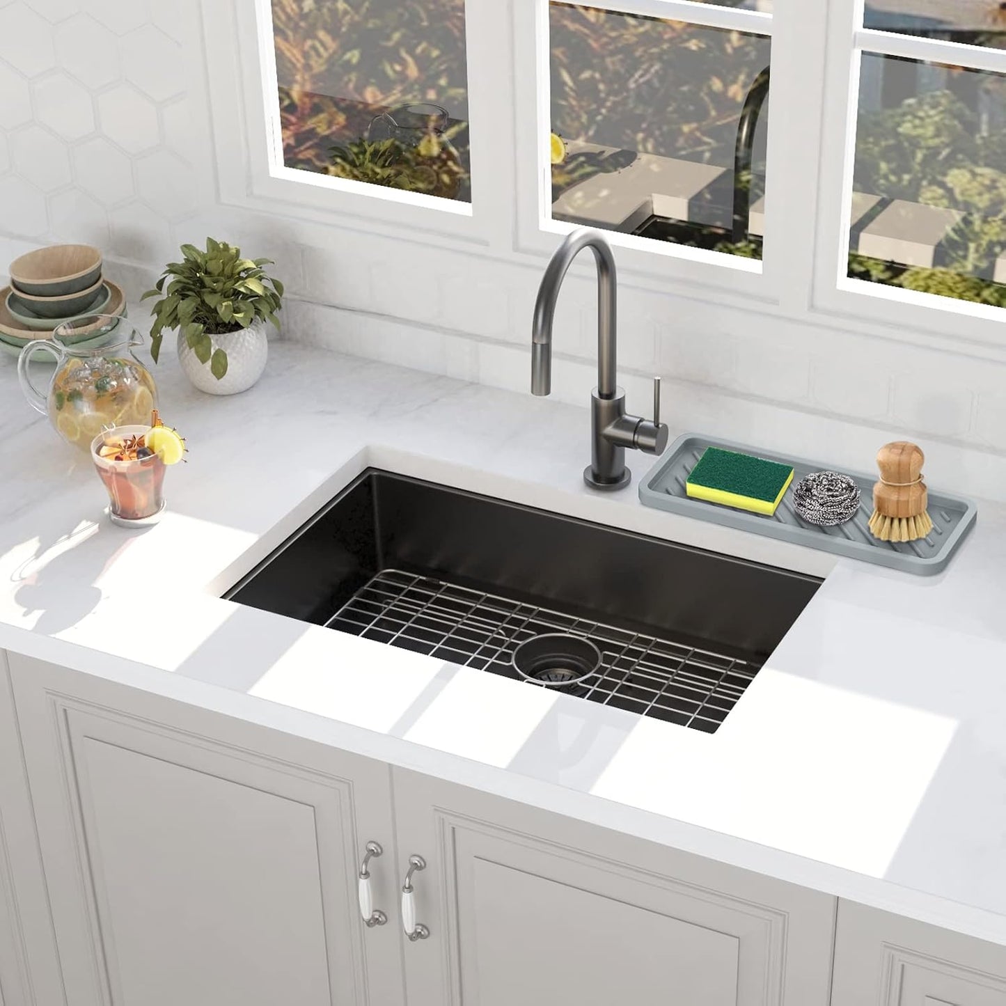 EG-SIPRO Kitchen Sink Organizer Tray,Sponge Holder for Kitchen Sink Bathroom Counter Tray Sponge Caddy Silicone Soap Holder for Soap dispenser, Bottle, Dishwashing Accessories(2-pack)