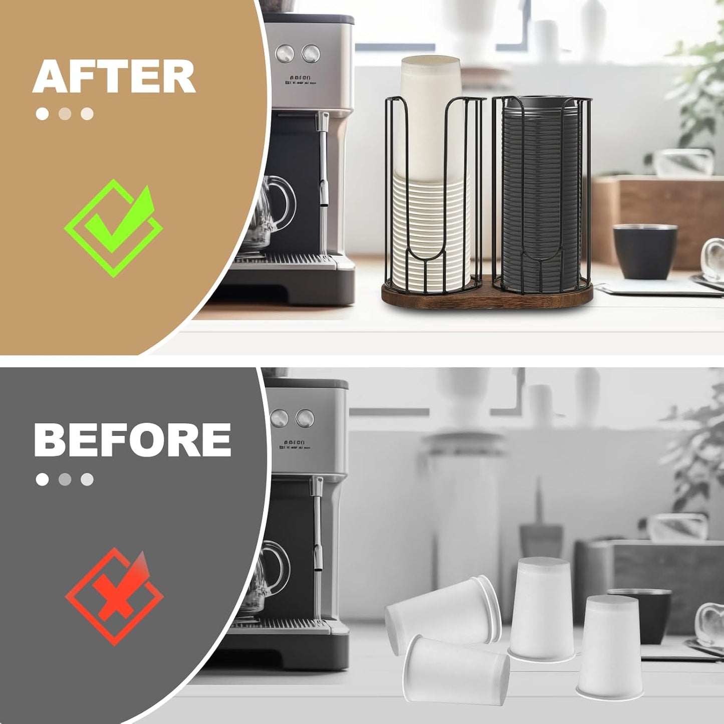 2-Compartment 18oz Coffee Cup Dispenser Rack with Wood Base, Disposable Cup, and Lid Organizer for Countertop - Perfect for Paper Cups, and Lid Organizer