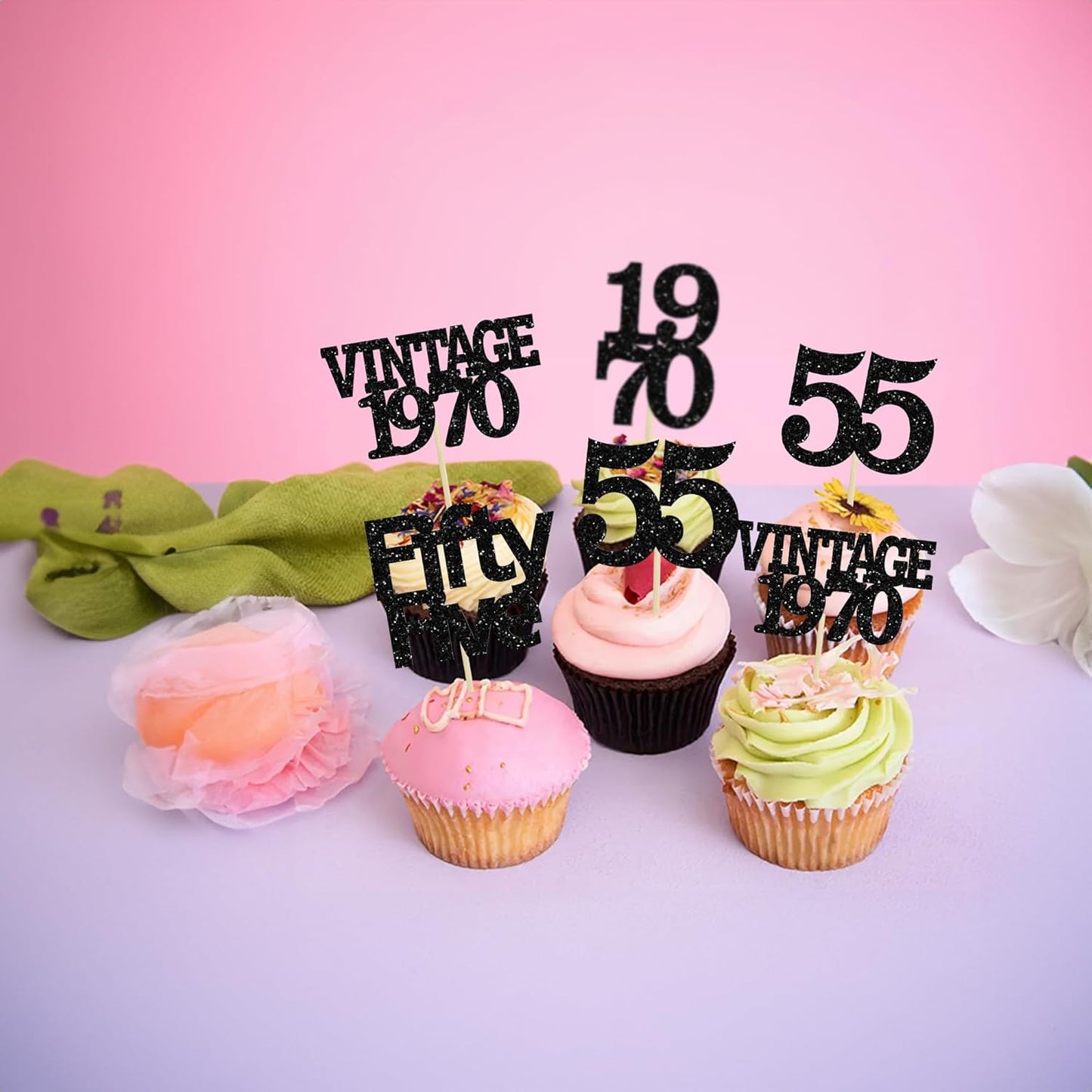 Gyufise 24Pcs Vintage 1970 Cupcake Toppers Glitter Cheers to 55 Fabulous Fifty Five Cupcake Picks 55th Birthday Wedding Anniversary Party Cake Decorations Supplies Black