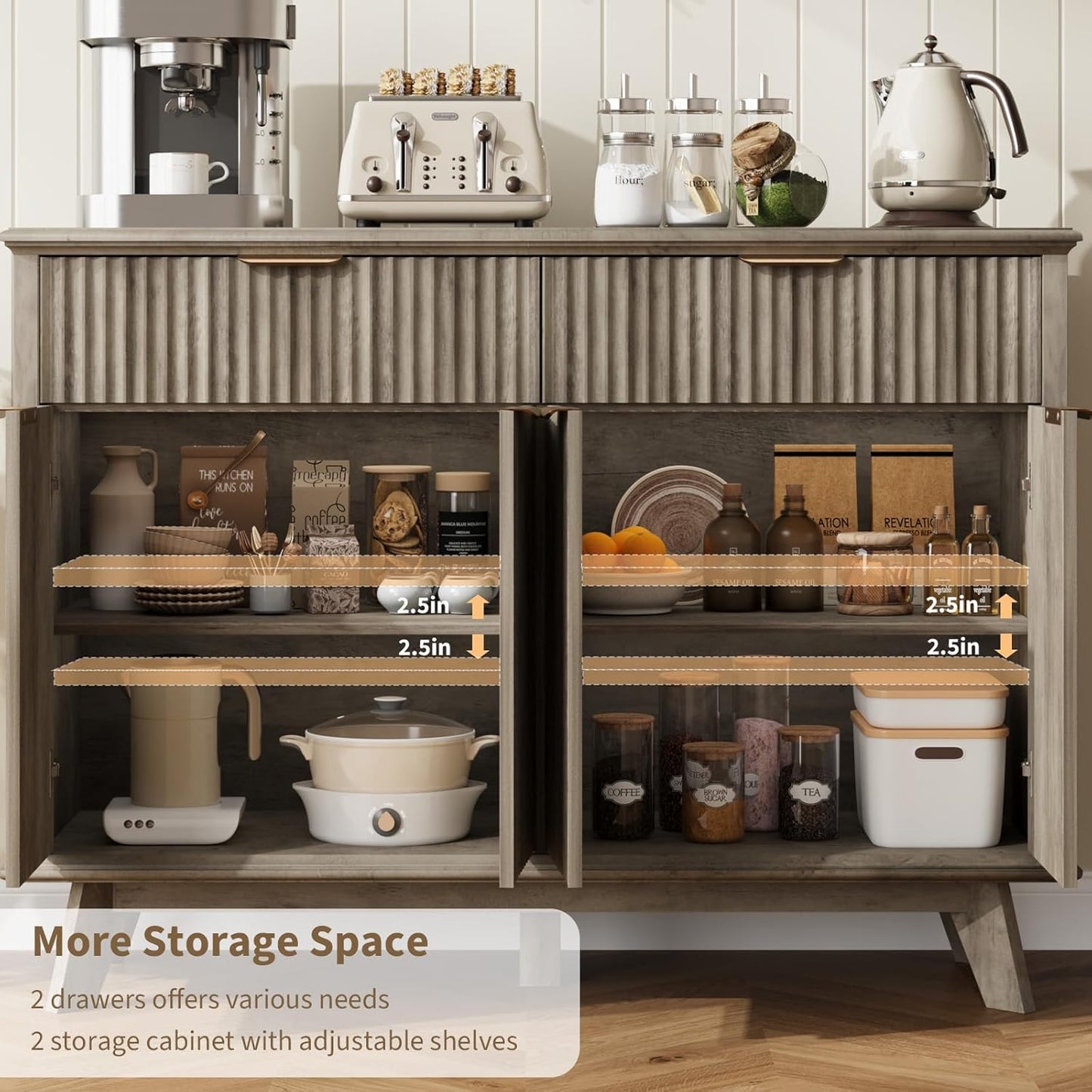 QUW Fluted Buffet Sideboard Cabinet with Storage, 47.2" Kitchen Cabinet with Drawers and Adjustable Shelves, Modern Coffee Bar with Charging Station, for Dining Room, Living Room, Grey