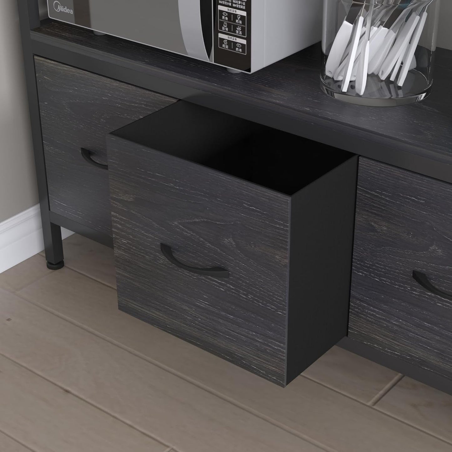 Kitchen Bakers Rack with Baskets,5-Tier Free Standing Storage Shelf Rack,Industrial Microwave Oven Stand,Metal Kitchen Rack Organizer with Hooks(Black)