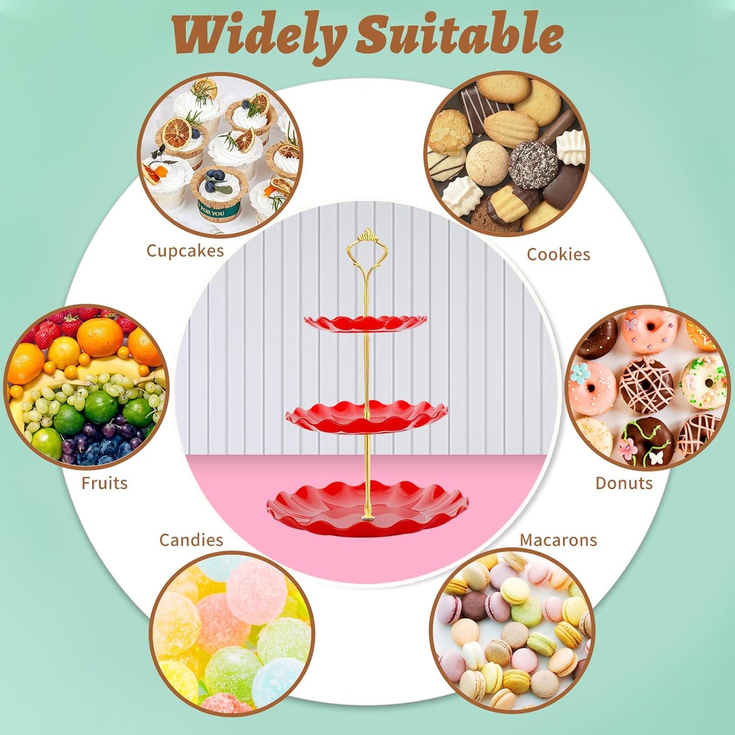 3 Tier Cupcake Stand Holder, Plastic Cup Cake Stand Tower with Tiered Serving Tray for Cupcakes, Donuts, Fruits and More, Red