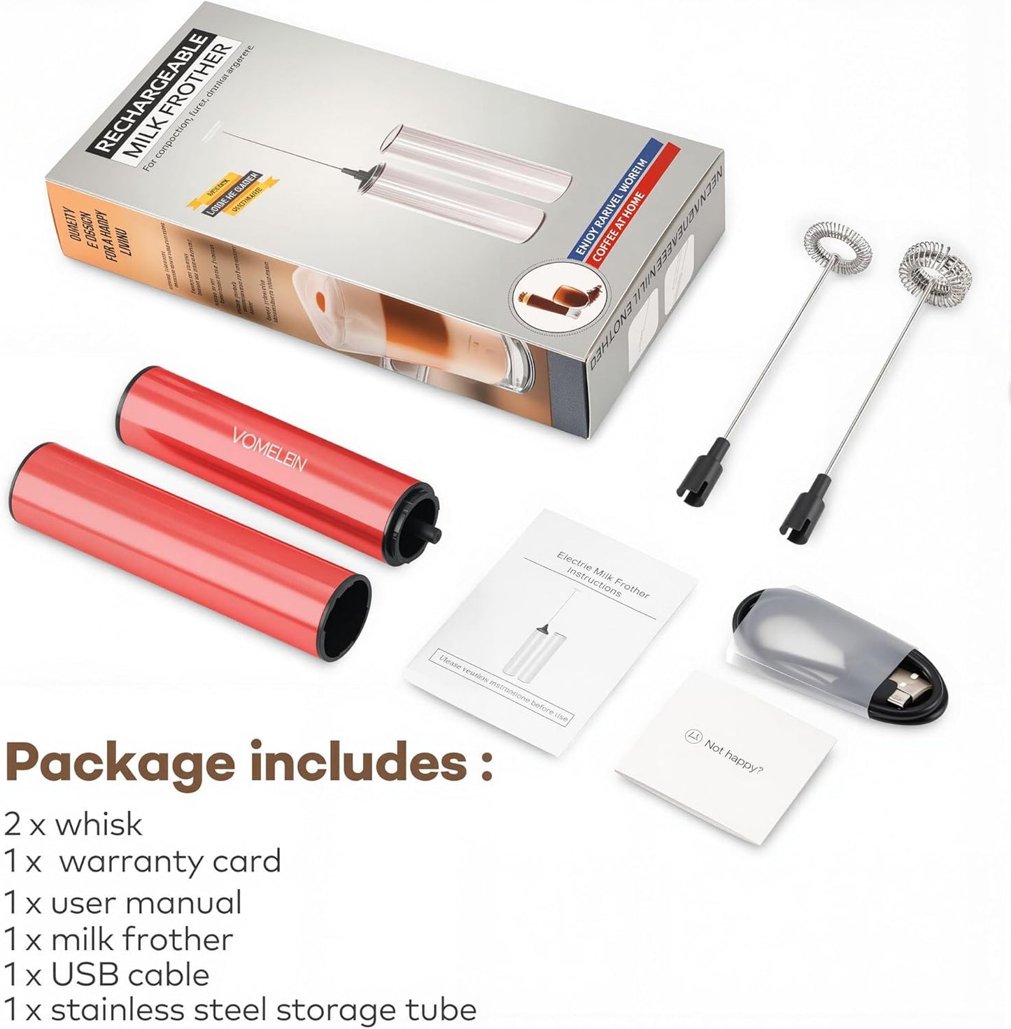 Milk Frother, Rechargeable Battery Operated Frother for Coffee,Portable Drink Mixer with 2 Stainless Steel Whisk Heads,Milk Foamer for Keto Coffee, Latte, Cappuccino, Hot Chocolate,Rube Red