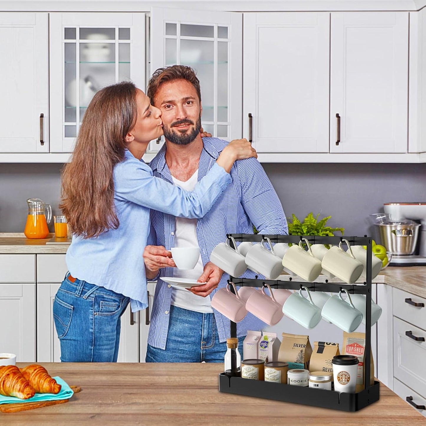 RCHYFEED Countertop Coffee Cup Holder, Aluminum Alloy Mug Holder Organizer with 16 Movable Hooks, 2 Tier Mug Tree Stand Rack with Storage Basket for K Cup Coffee Bar Kitchen