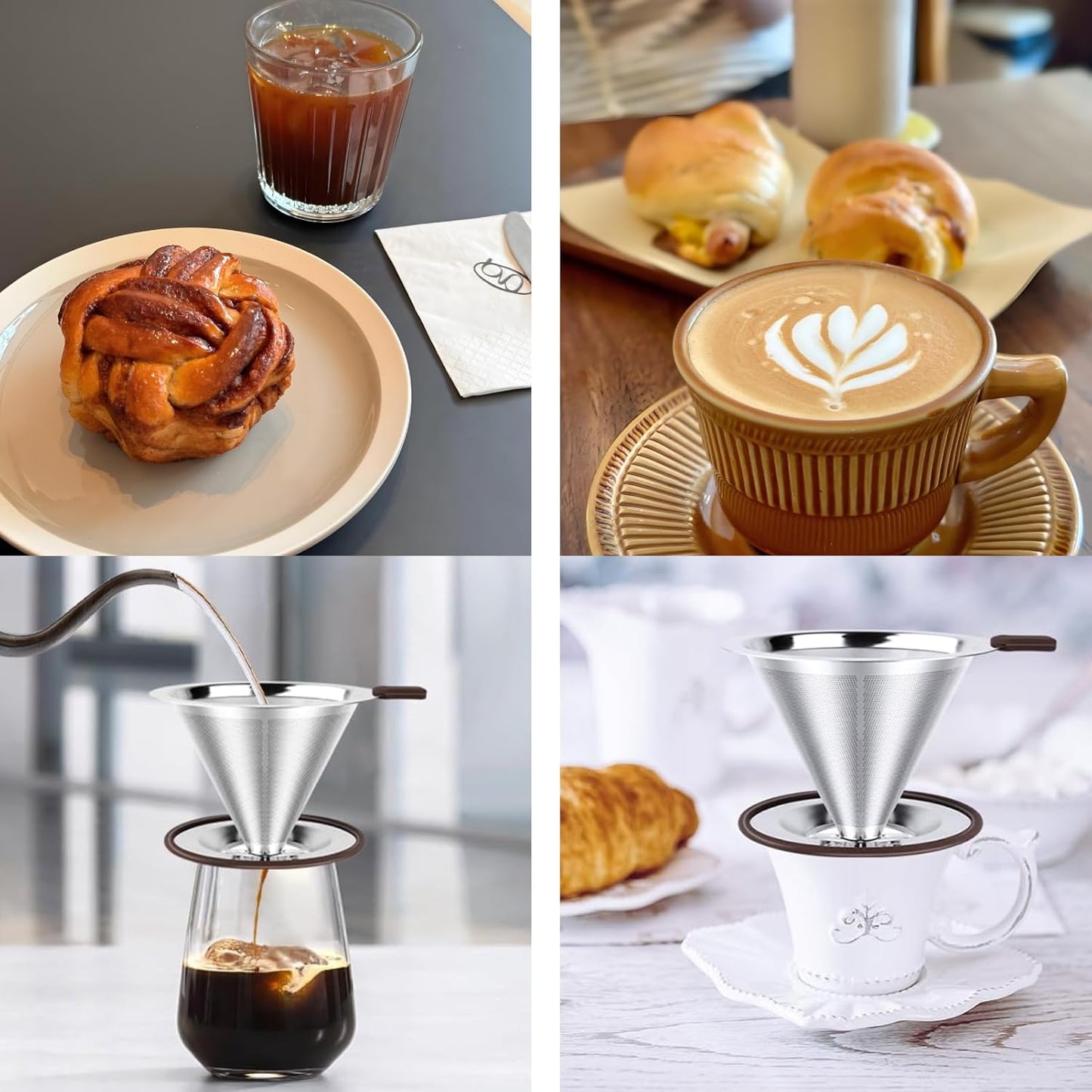 Reusable Paperless Coffee Filter V60,Coffee Dripper,Professional Stainless Steel Drip Cone Brew Coffee Strainer,Double Micro Mesh Filter,Coffee Filter Mug,Silicone Handle & Non-Slip Silicone Base (M)
