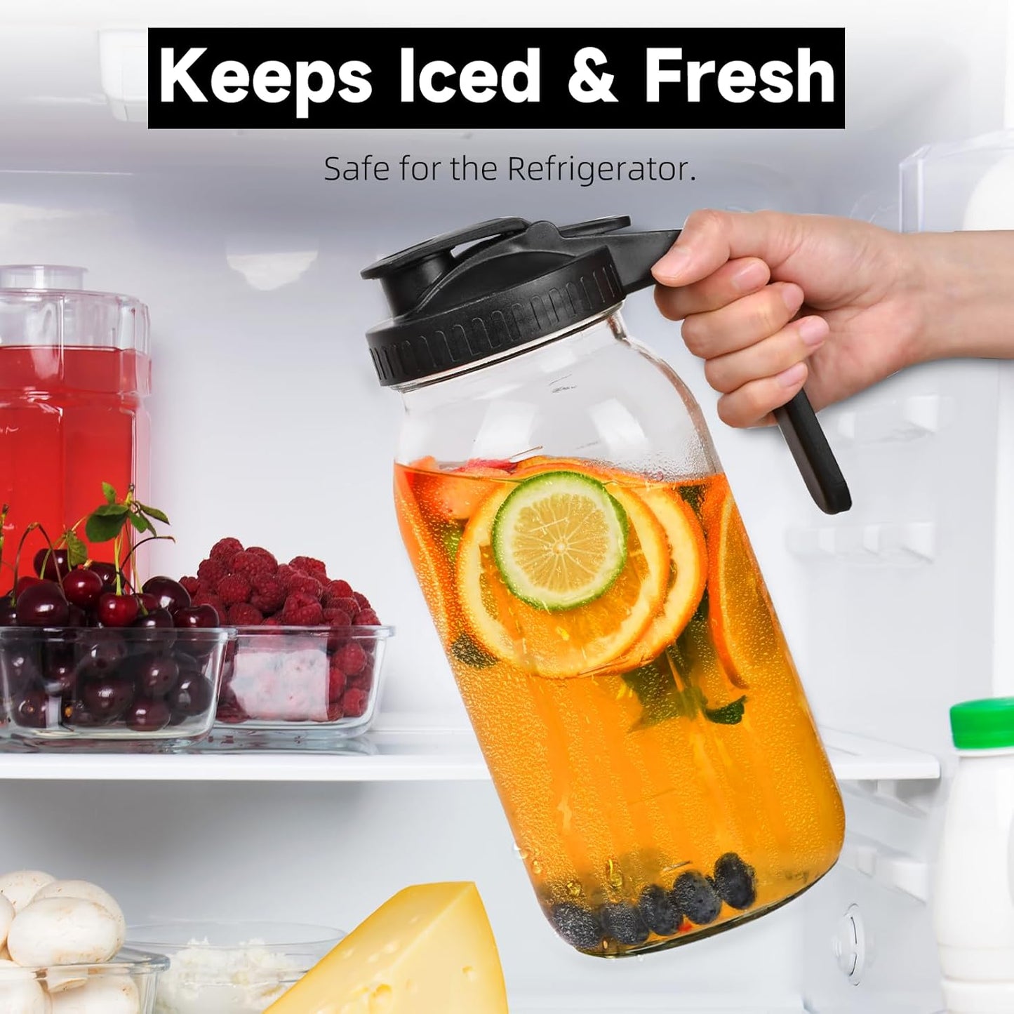 2 Pack 64oz Glass Mason Jar Pitchers with Airtight Lids & Handles – Wide Mouth, Leak-Proof Jars for Sun Tea, Cold Brew, Lemonade, Iced Coffee, and More