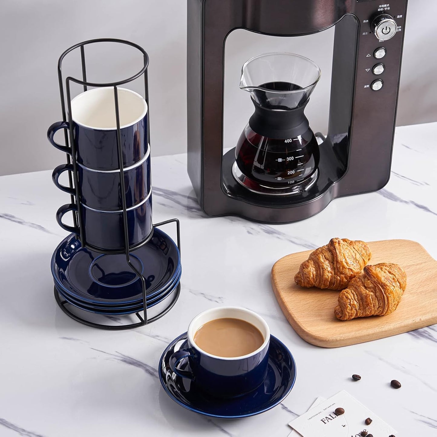 YOLIFE 8oz Porcelain Stackable Cappuccino Cups with Saucers and Metal Stand Set of 4, Coffee cups for Espresso, Specialty Coffee Drinks, Latte, Americano and Tea - Blue