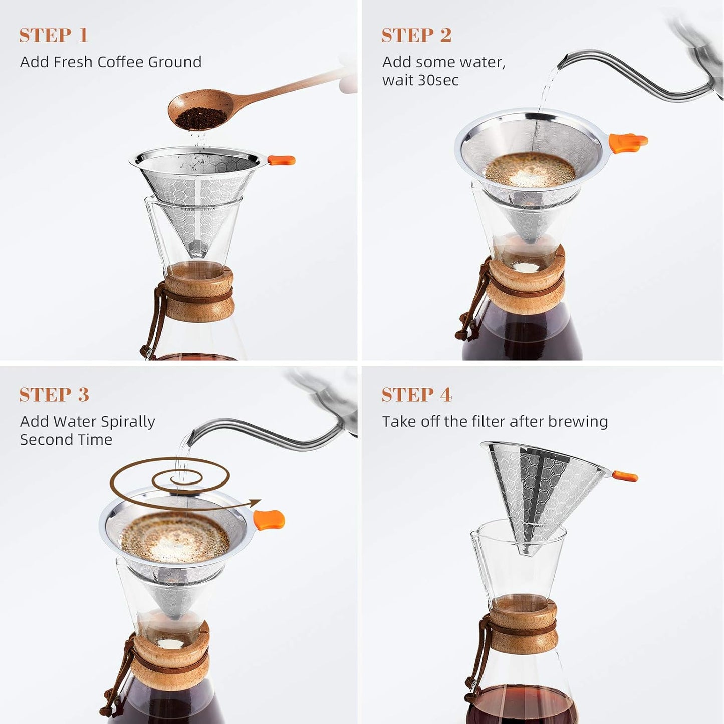 Pour Over Coffee Dripper, Stainless Steel Coffee Filter Reusable Pour Over Coffee Filter Cone Coffee Dripper with Removable Cup Stand and Bonus Brush