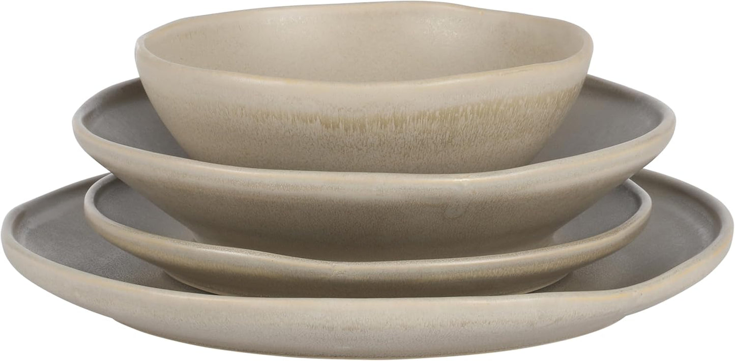 Gibson Elite Island Cove 16 Piece (Service for 4) Plates and Bowls Reactive Glaze Organic Round Dishes Stoneware Ceramic Dinnerware Set -Light Grey