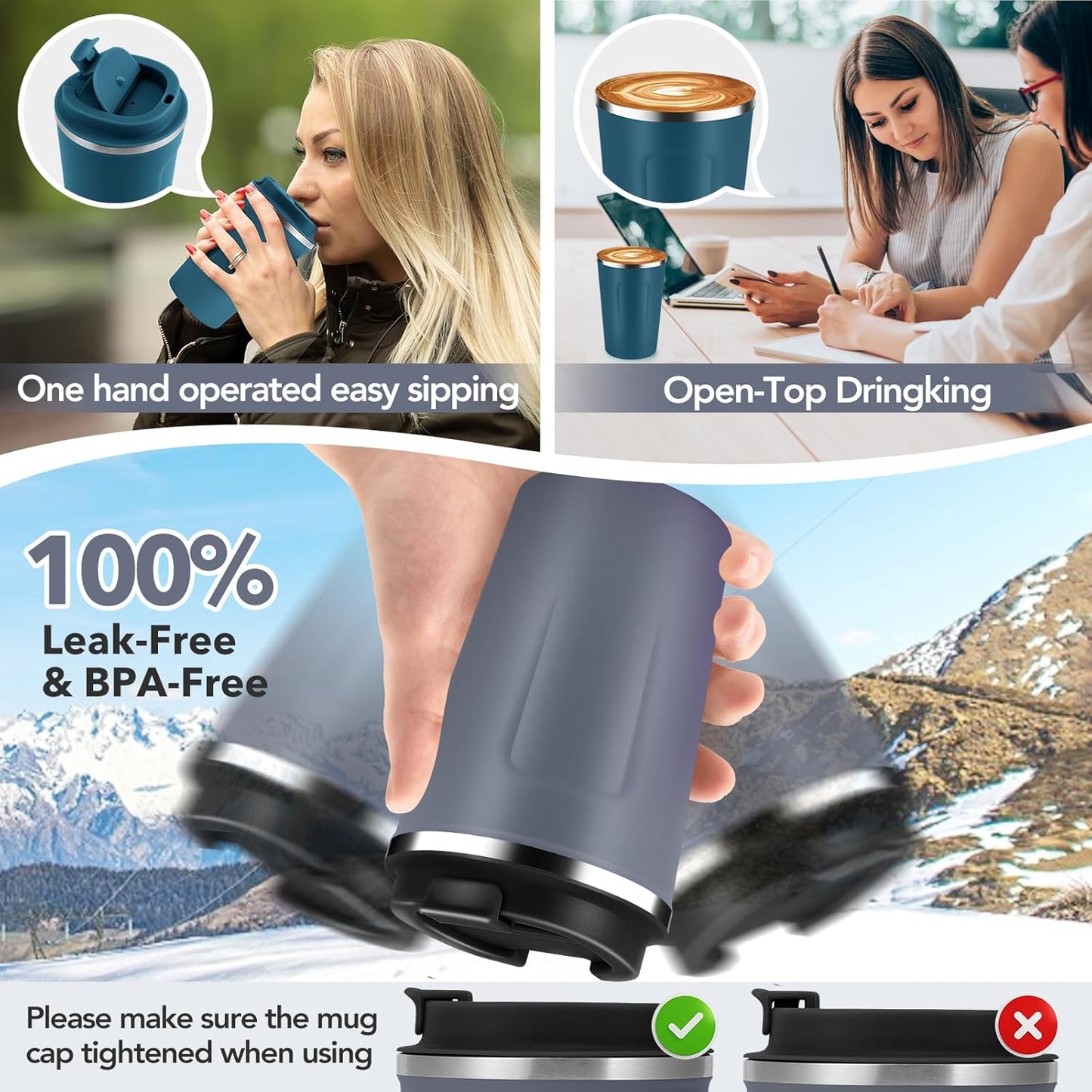 Volhoply 12 oz Double Wall Insulated Vacuum Travel Coffee Mug with Flip Lid Bulk 4 Pack,Reusable Stainless Steel Leak Proof Coffee Cups,Portable Cafe Thermal Tumbler for Hot & Cold Drinks(Gray,4 Set)