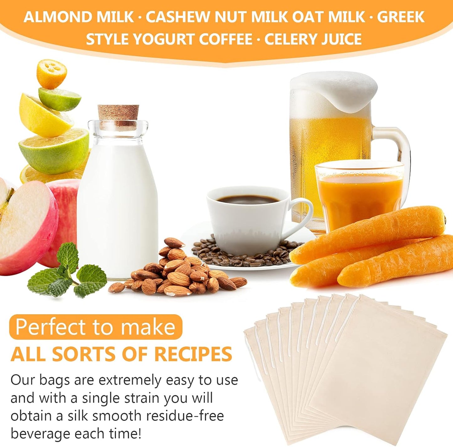 10 Pack Nut Milk Bag, 8‘’ x 12‘’ Fine Mesh Grade Reusable Cheesecloth Bags Strainers, Unbleached Organic Cotton Filter Bags for Almond Milk, Juices, ColdBrew, Cheese, Tea, Yogurt, Coffee