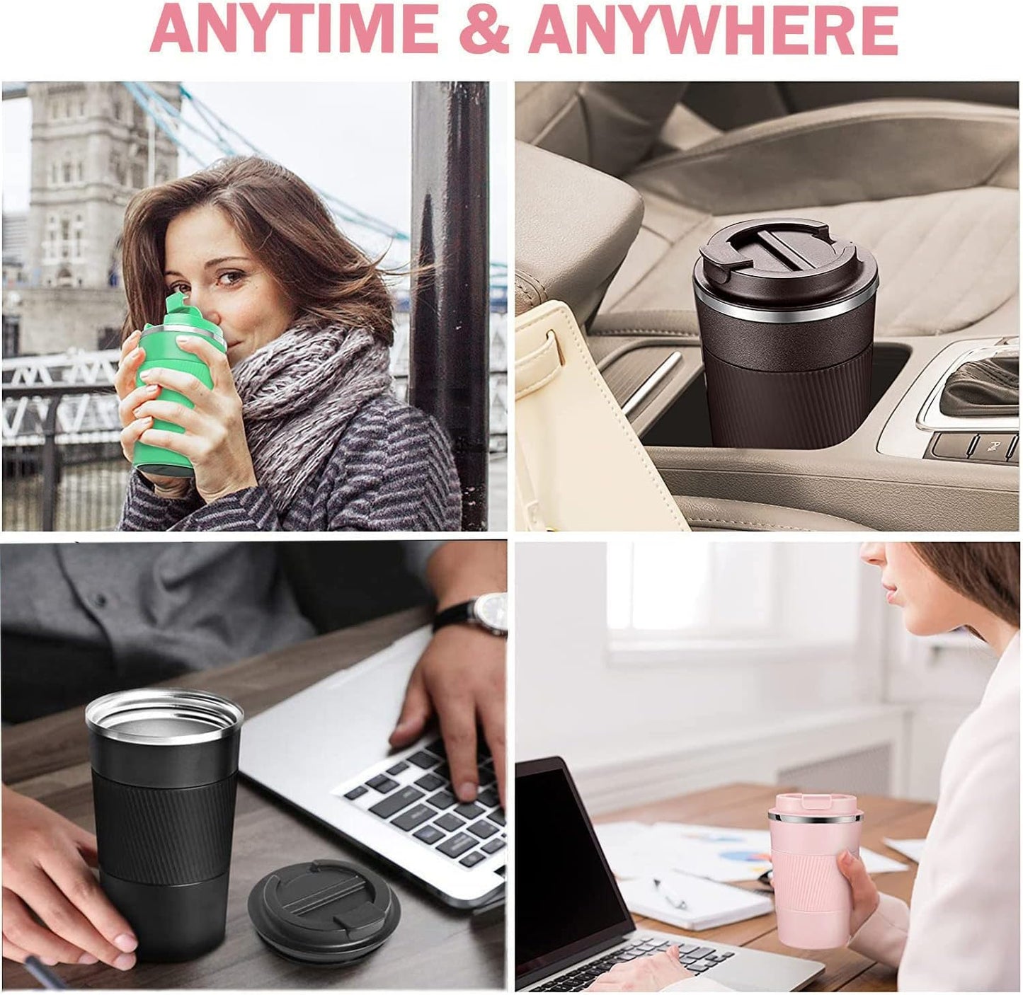 Travel Coffee Mug Spill Proof Leakproof 12 oz Insulated Coffee Mug with Screw Lid, Stainless Steel Vacuum Tumbler Reusable Thermal Coffee Cup to go for Hot and Cold Drinks -380ml, Pink