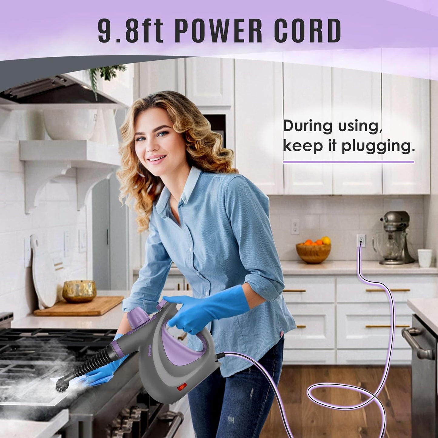 Pressurized Handheld Multi-Surface Natural Steam Cleaner with 12 pcs Accessories, Multi-Purpose Steamer for Home Use, Steamer for Cleaning Floor, Upholstery, Grout and Car (Purple)