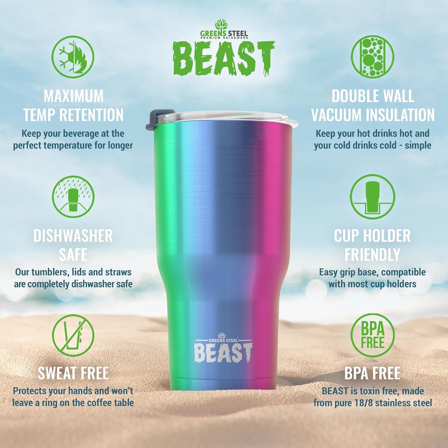 Beast 30 oz Tumbler Stainless Steel Vacuum Insulated Coffee Ice Cup Double Wall Travel Flask (Rainbow)