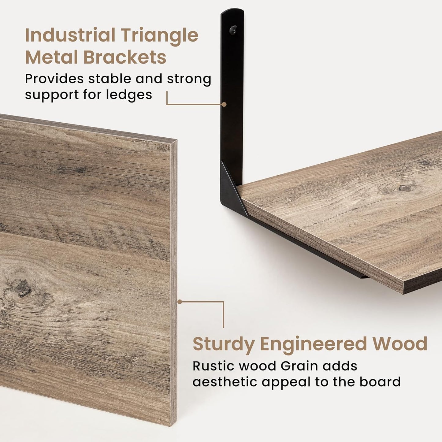 Fun Memories Floating Shelves for Wall, 12 Inch Deep Floating Shelves Set of 2, Wall Mounted Shelf with Metal Brackets, Rustic Wood Wide Shelf for Bathroom, Kitchen and Living Room, Grey, 16W x 12D