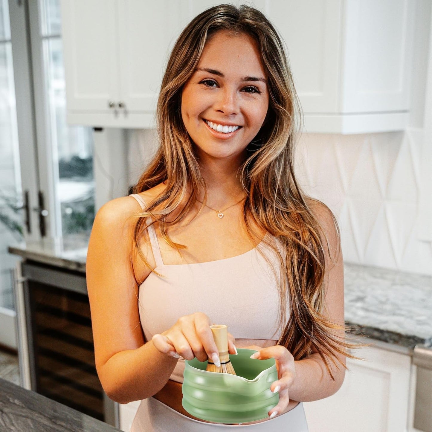 Marce Matcha Whisk Set- Matcha Set includes Matcha Whisk and Bowl (Bowl with Spout), Sifter, Holder and Scoop- The Perfect Bamboo Whisk for Matcha Tea (Green- 7PC)