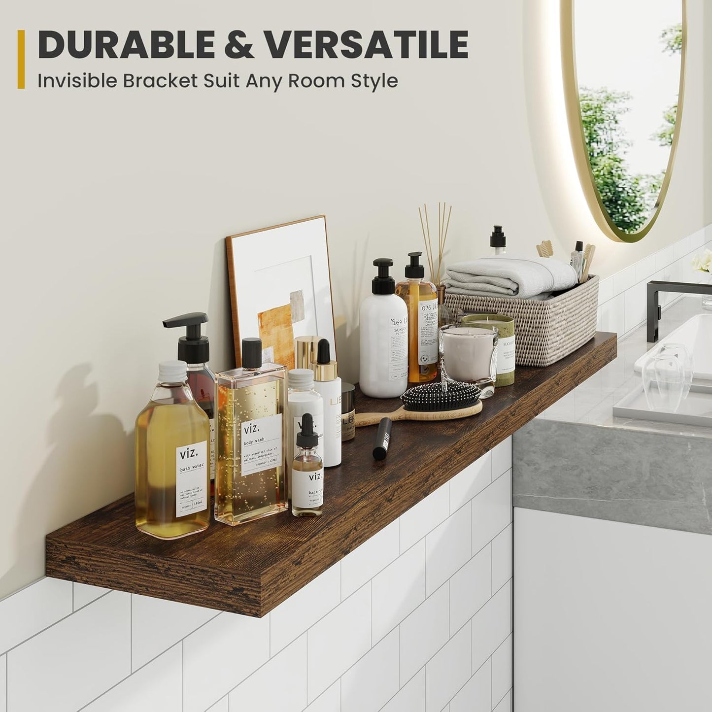 16 Inch Floating Shelves, 9.3" Deep Floating Shelf Wall Mounted, 16" Wall Shelves, Rustic Deep Bookshelf, Large Display Shelves & Storage Shelves for Bedroom, Living Room, Brown, Set of 2