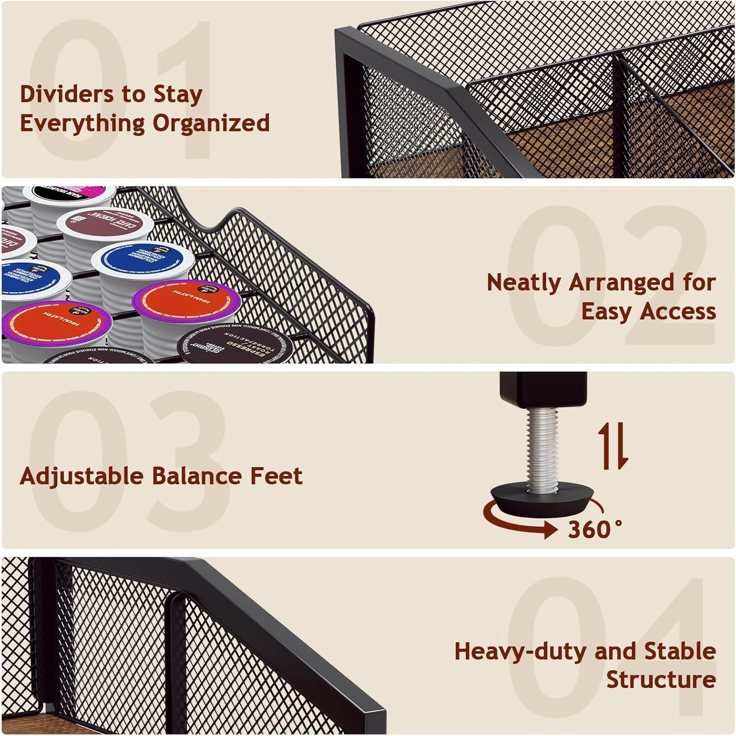 Coffee Bar Organizer - Coffee Station for Countertop, Metal and Wood K Cup holder Storage Basket for Coffee Pods, Syrup, Cups, Stirrer, Coffee Condiment, Tea Organizer, Black and Brown