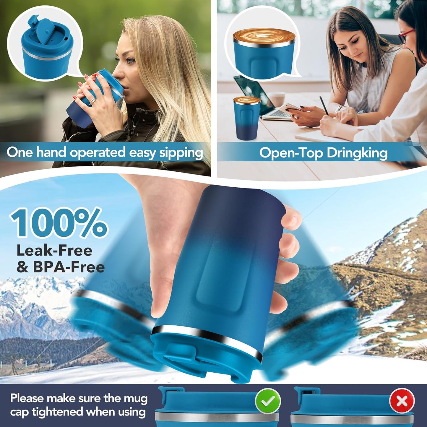 Volhoply 12 oz Double Wall Insulated Vacuum Travel Coffee Mug with Flip Lid,Reusable Stainless Steel Leak Proof Coffee Cup,Portable Cafe Thermal Tumbler Suitable for Hot&Cold Drinks(Dark Night,1 Set)