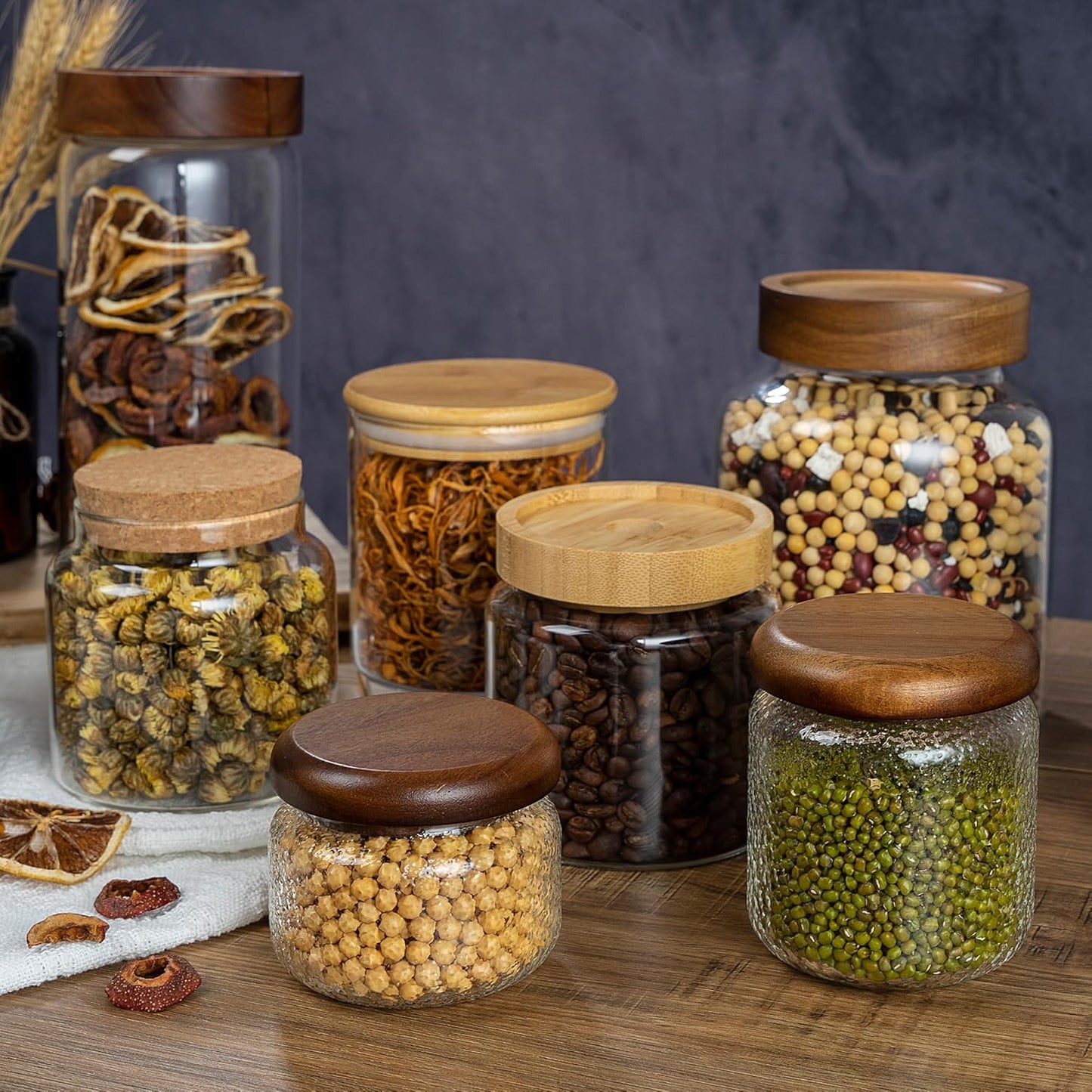 1PC Glass Storage Jars with Airtight Lids, 45 fl oz (1400ml) coffee container with Wooden Lid, Glass Pantry Canister for Beans, Rice, Sugar and etc