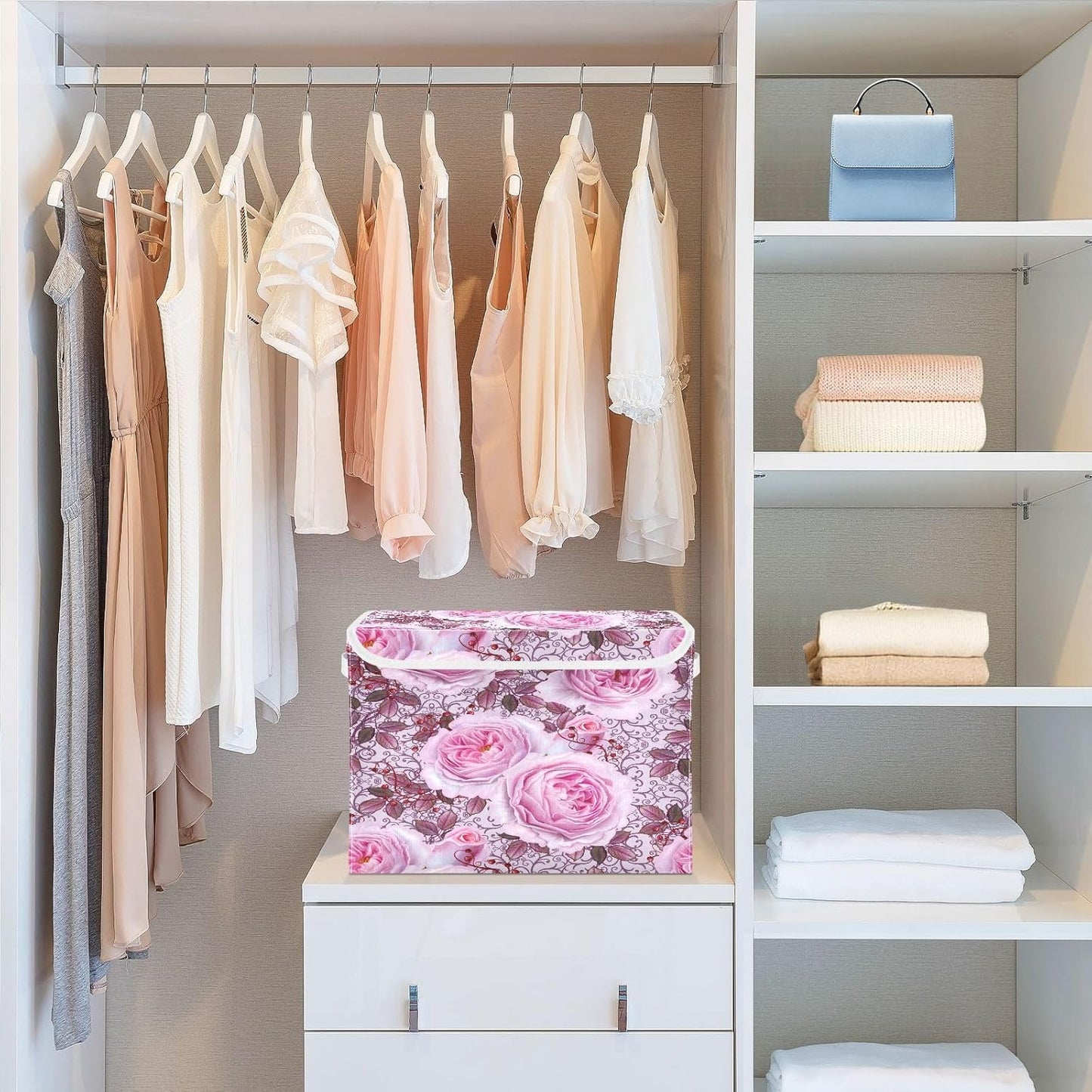 susiyo Beautiful Delicate Pink Roses fabric storage baskets with lids,Collapsible Storage Boxes,Foldable storage boxes with handles for Home,Office,Closet Organization