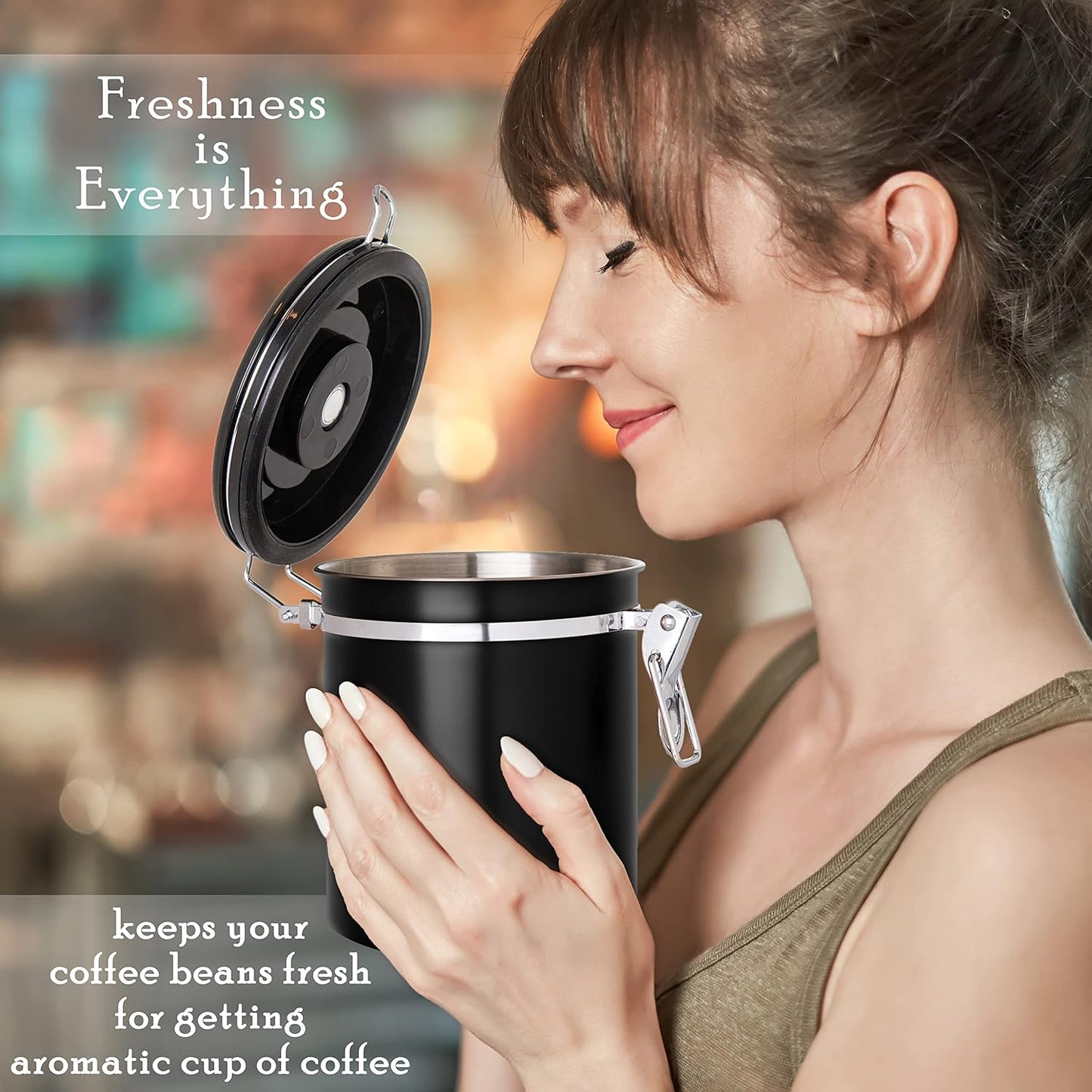 Mixpresso 16 Oz Black Coffee Canister, Stainless Steel Airtight Coffee Container, Air tight Jar Tea Storage with Date Tracker, Vacuum Sealed Espresso Airtight Canister, Sugar Container for Home