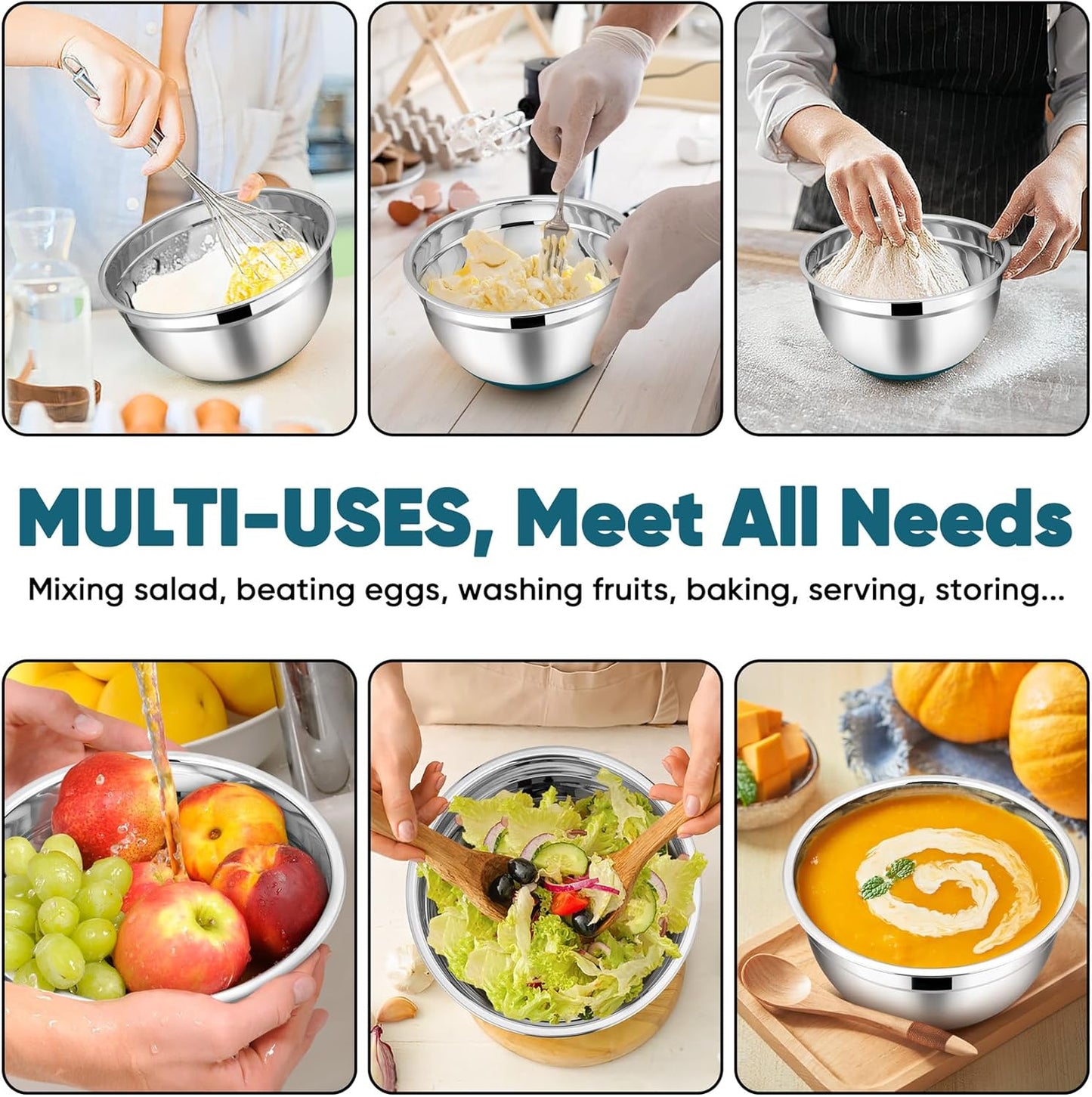 TeamFar Mixing Bowls with Lids Set, 7/3.5/2.5/1.5/1 QT, Stainless Steel Large Metal Nesting Salad Bowl Set of 5, Healthy & Sturdy, Non-slip Bottom & Airtight Lid-Blue