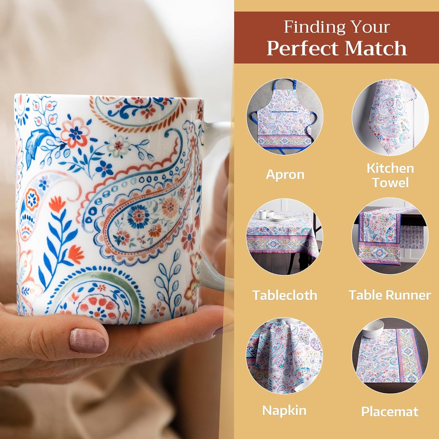 Maison d' Hermine Coffee Mug with Handles Fine Bone China Mugs Pack of One Tea Cups for Hot Beverages Cappuccino Latte Home Restaurant Office Perfect for Gift (Indian Floral - Paisley, 15 Ounce)