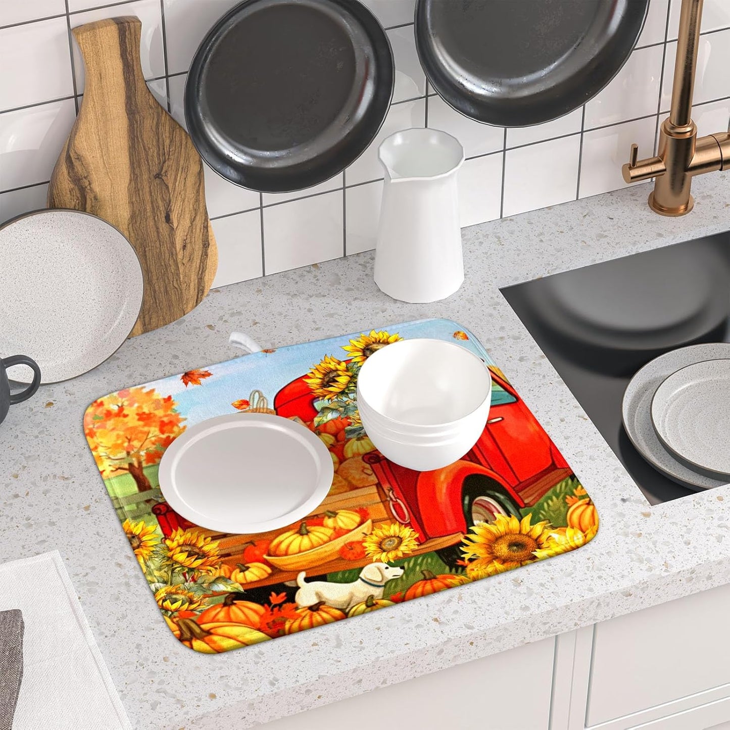 Autumn Pumpkin Red Truck Dish Drying Mat for Kitchen Counter,Fall Leaves Sunflower Cue Dog Harvest Drying Mat 16 x 18 Inch Microfiber Dish Drying Pad Dish Rack Drainer Mat for Coffee Bar