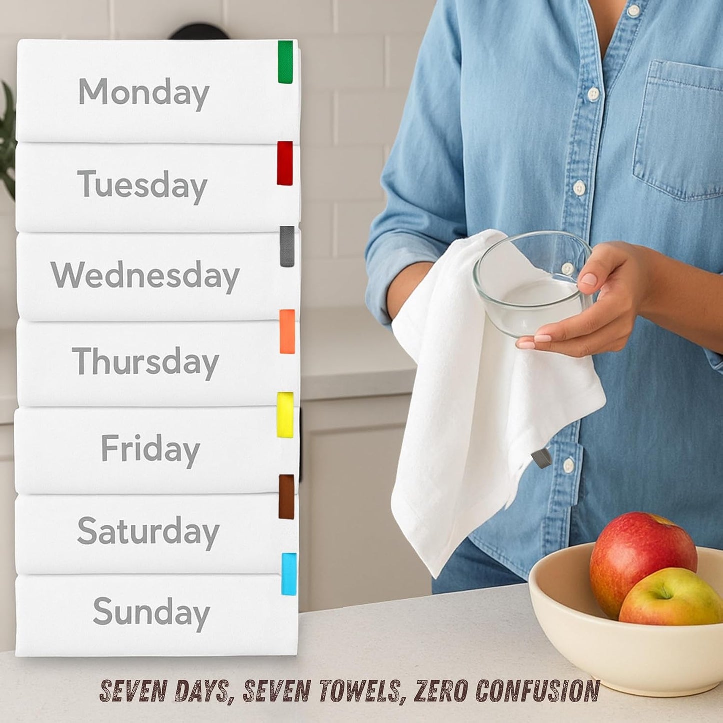 Premium Cotton Kitchen Towels Set of 7 – Ultra Absorbent & Soft Dish Towels with Color Hanging Loops – Quick Dry, Lint-Free Tea Towels for Cooking, Cleaning & Baking - 18"x28"