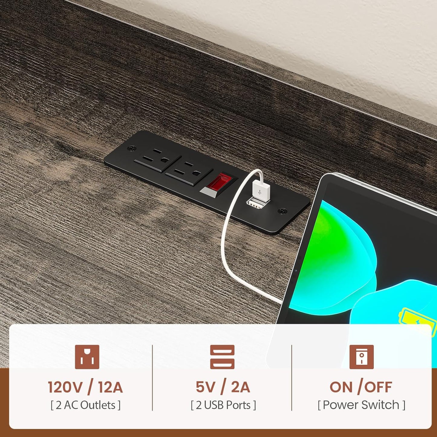 Itaar Coffee Bar Cabinet, Bakers Rack with Power Outlet and Storage, Farmhouse Microwave Stand Kitchen Cabinet with Hutch, LED Lights, Wine Glass Holder and 8 Hooks (Grey)