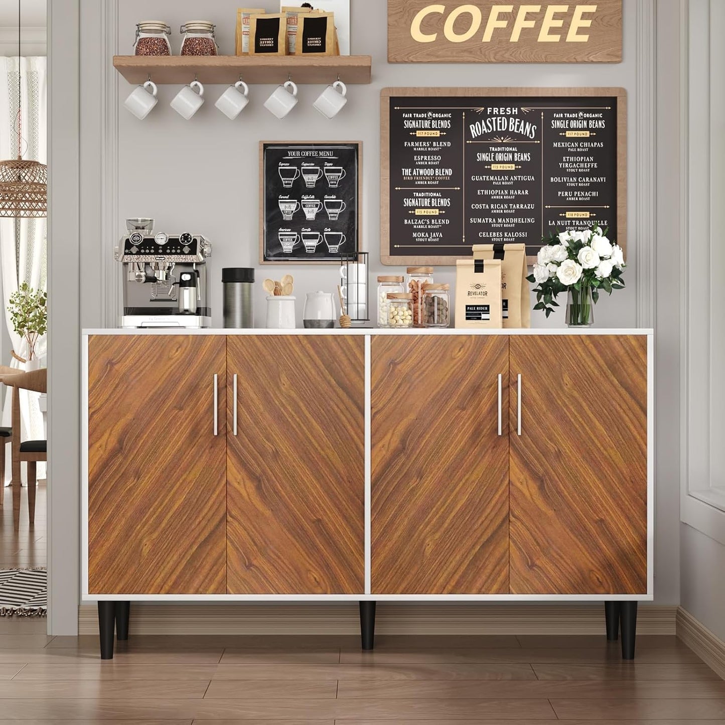 4 EVER WINNER Coffee Bar Cabinet with 4 Doors, Sideboard Buffet Cabinet with Storage, Walnut Buffet Cabinet with Storage with Adjustable Shelves for Kitchen,Living Room,White