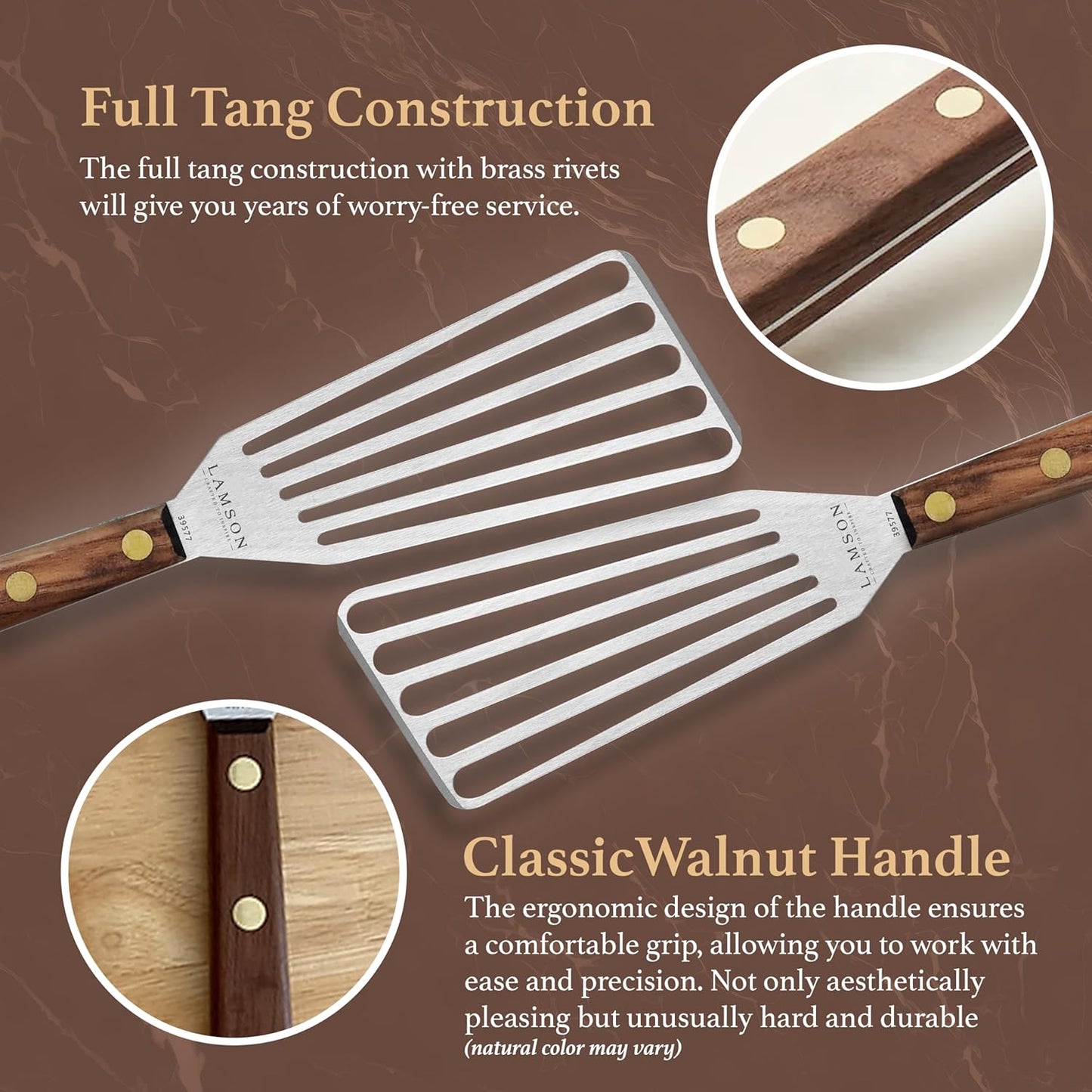 Lamson 3' x 6" Chef's Slotted Turner with Walnut Handle - Right-Hand
