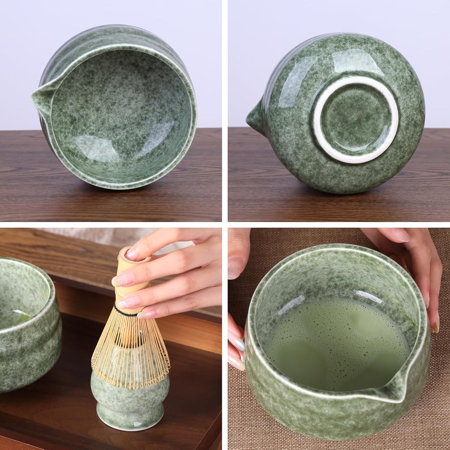 Japanese Ceramic Matcha Bowl - 16oz Speckle Glaze Chawan & Whisk Stand for Perfect Froth, Dishwasher Safe Green