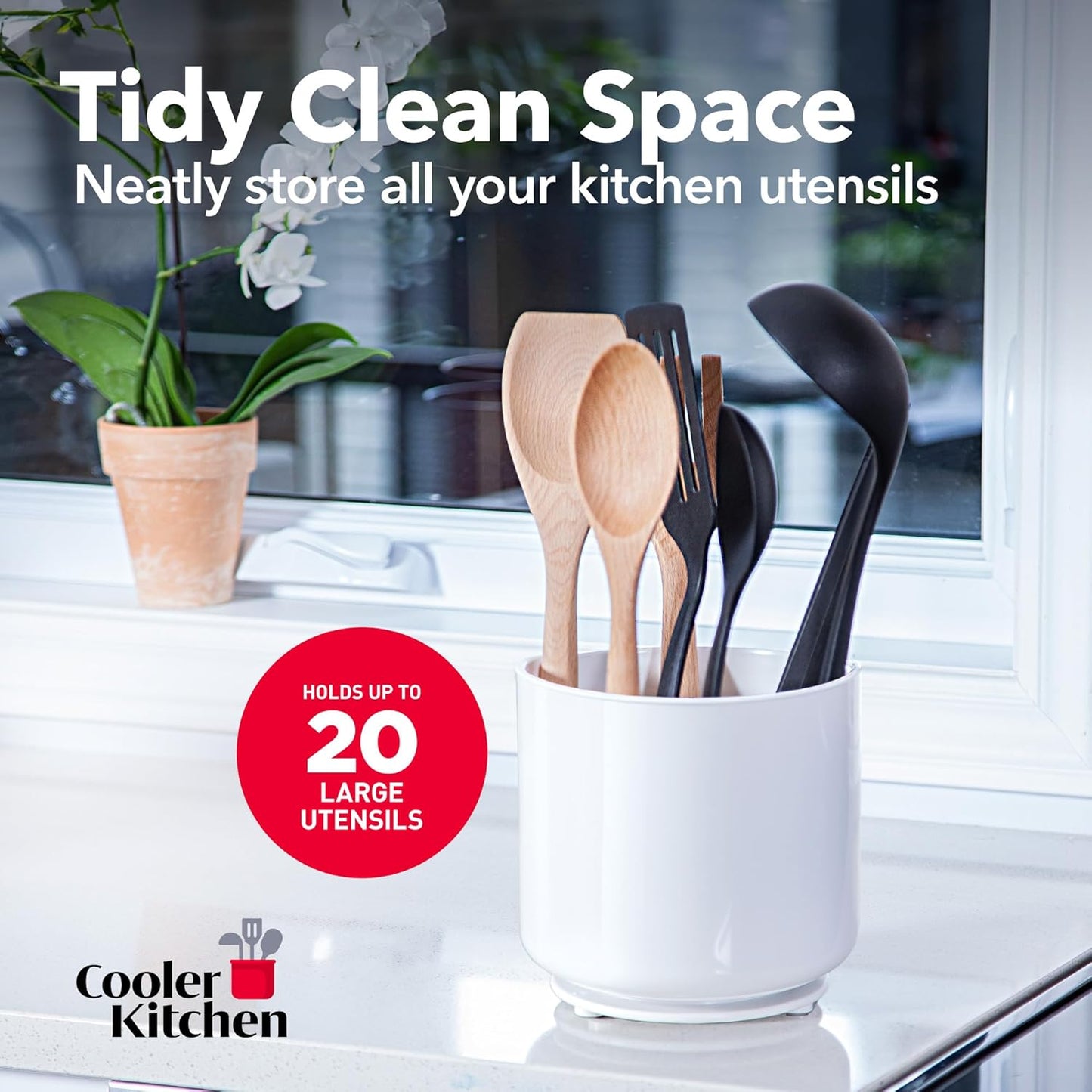 Rotating Extra Large White Plastic Utensil Holder Caddy with Sturdy No-Tip Weighted Base, Removable Divider, and Gripped Insert - Dishwasher Safe Kitchen Utensil Holder for Countertop