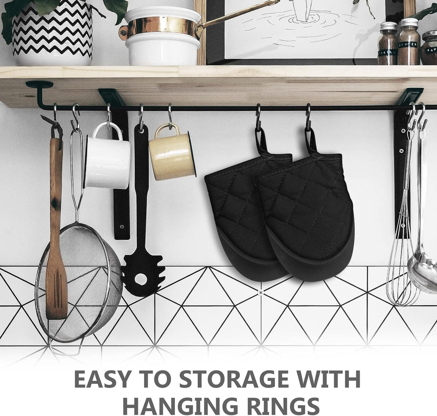 Qulable 1 Pair Short Oven Mitts - Silicone Kitchen Oven Gloves High Heat Resistant 500℉, Mini Oven Mits with Non-Slip Grip Surfaces and Hanging Loop for BBQ, Baking, Cooking and Grilling (Black)