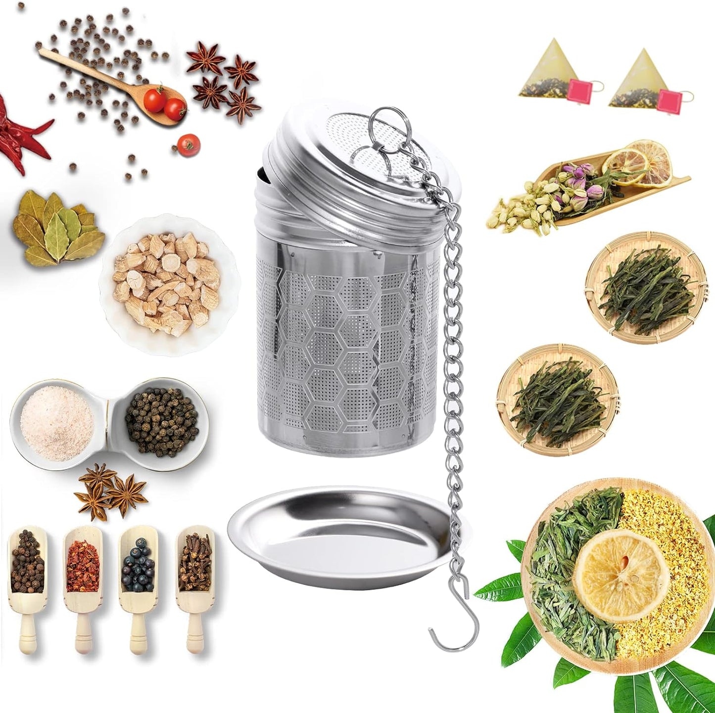 2 Pack Tea Strainers Infuser for Loose Tea 304 Stainless Steel Mesh Loose Leaf Steeper Diffuser with Chain Hook and Threaded Lid for Black Tea, Spices and Seasonings