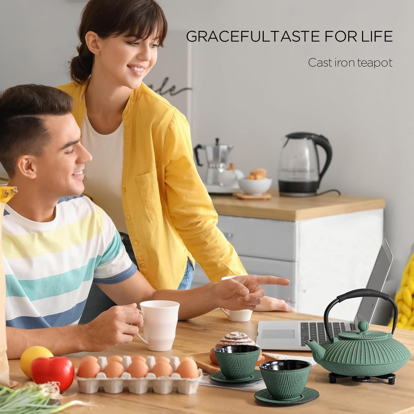 Cast Iron Teapot Set with 2 Tea Cups, 7Pcs Japanese Tea Kettle with Stainless Steel Infuser, Tea Pot Coated with Enameled Interior, Line Pattern, 27oz 780ml Green