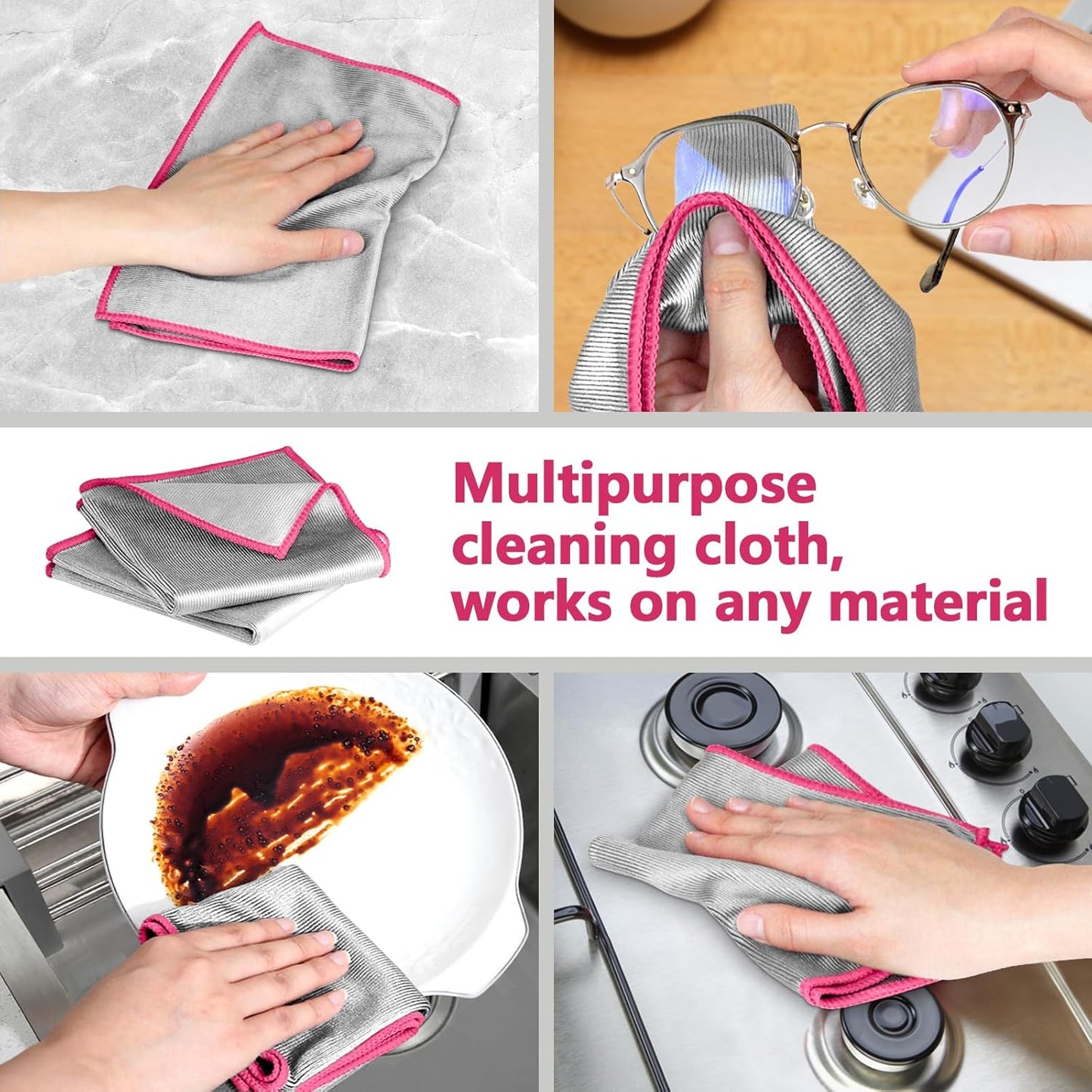 Airlab Glass Polishing Cloth Streak Free Miracle Microfiber Cleaning Cloth Lint Free Cleaning Rags for Glasses Kitchen Dish Mirrors Easy Clean, Pack of 6, 12" x 12", Sliver-Pink